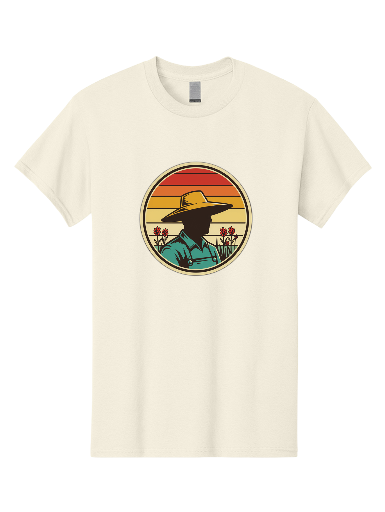 Farmer-Silhouette Men'S Graphic Tee, 100% Cotton, Comfortable Casual Summer Wear, Machine Washable, Farmer Silhouette, Vintage Style, Agricultural Theme, Retro Colors, Wide-Brimmed Hat, Collared Shirt, Flowers In Field, Warm Colors, Baa658