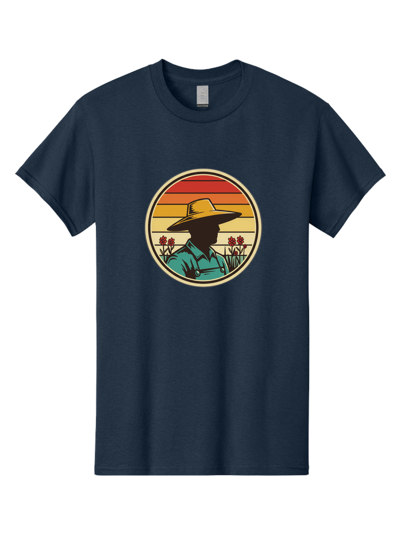 Farmer-Silhouette Men'S Graphic Tee, 100% Cotton, Comfortable Casual Summer Wear, Machine Washable, Farmer Silhouette, Vintage Style, Agricultural Theme, Retro Colors, Wide-Brimmed Hat, Collared Shirt, Flowers In Field, Warm Colors, Baa658