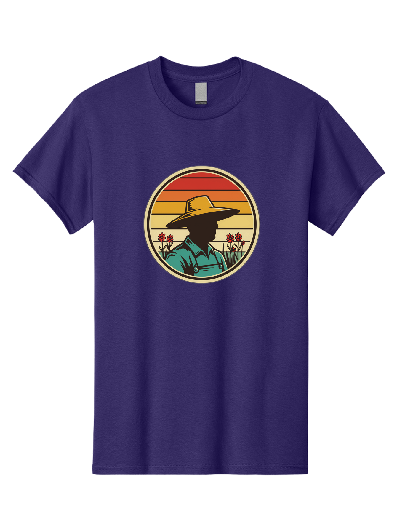 Farmer-Silhouette Men'S Graphic Tee, 100% Cotton, Comfortable Casual Summer Wear, Machine Washable, Farmer Silhouette, Vintage Style, Agricultural Theme, Retro Colors, Wide-Brimmed Hat, Collared Shirt, Flowers In Field, Warm Colors, Baa658