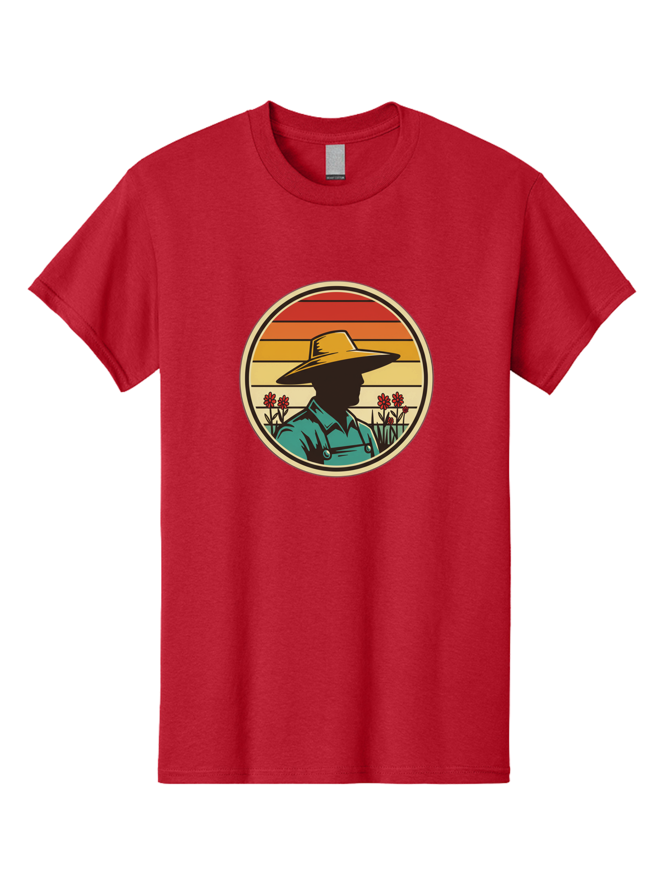 Farmer-Silhouette Men'S Graphic Tee, 100% Cotton, Comfortable Casual Summer Wear, Machine Washable, Farmer Silhouette, Vintage Style, Agricultural Theme, Retro Colors, Wide-Brimmed Hat, Collared Shirt, Flowers In Field, Warm Colors, Baa658