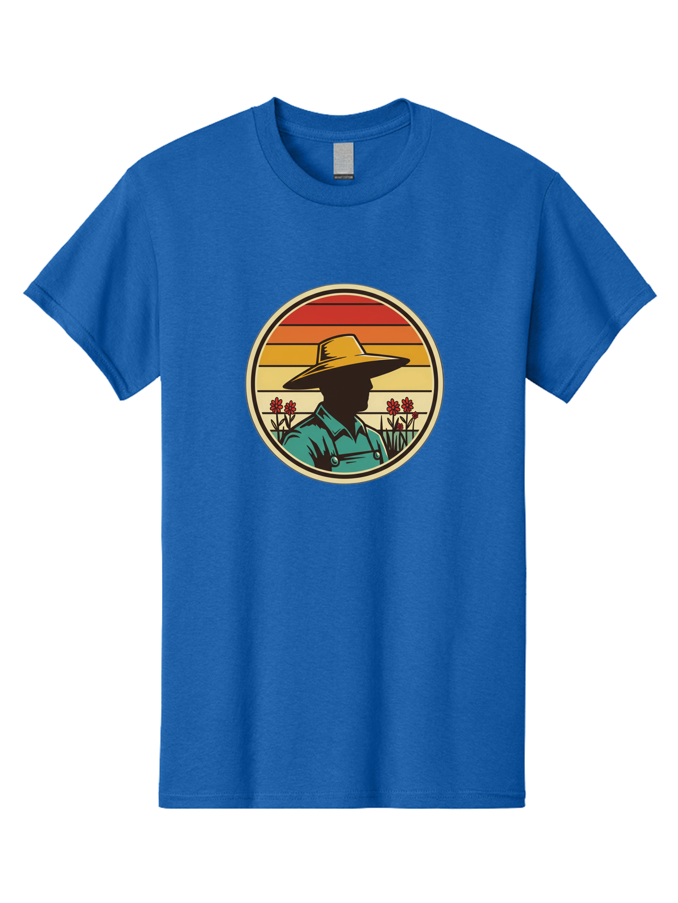 Farmer-Silhouette Men'S Graphic Tee, 100% Cotton, Comfortable Casual Summer Wear, Machine Washable, Farmer Silhouette, Vintage Style, Agricultural Theme, Retro Colors, Wide-Brimmed Hat, Collared Shirt, Flowers In Field, Warm Colors, Baa658
