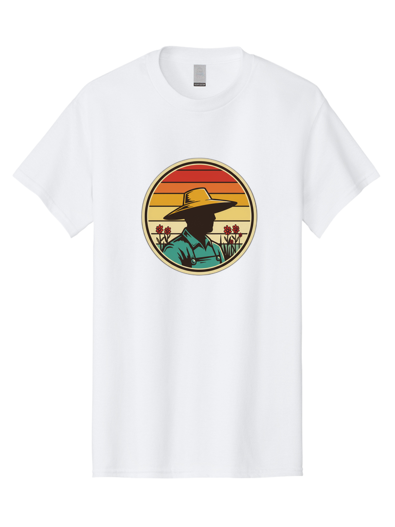 Farmer-Silhouette Men'S Graphic Tee, 100% Cotton, Comfortable Casual Summer Wear, Machine Washable, Farmer Silhouette, Vintage Style, Agricultural Theme, Retro Colors, Wide-Brimmed Hat, Collared Shirt, Flowers In Field, Warm Colors, Baa658