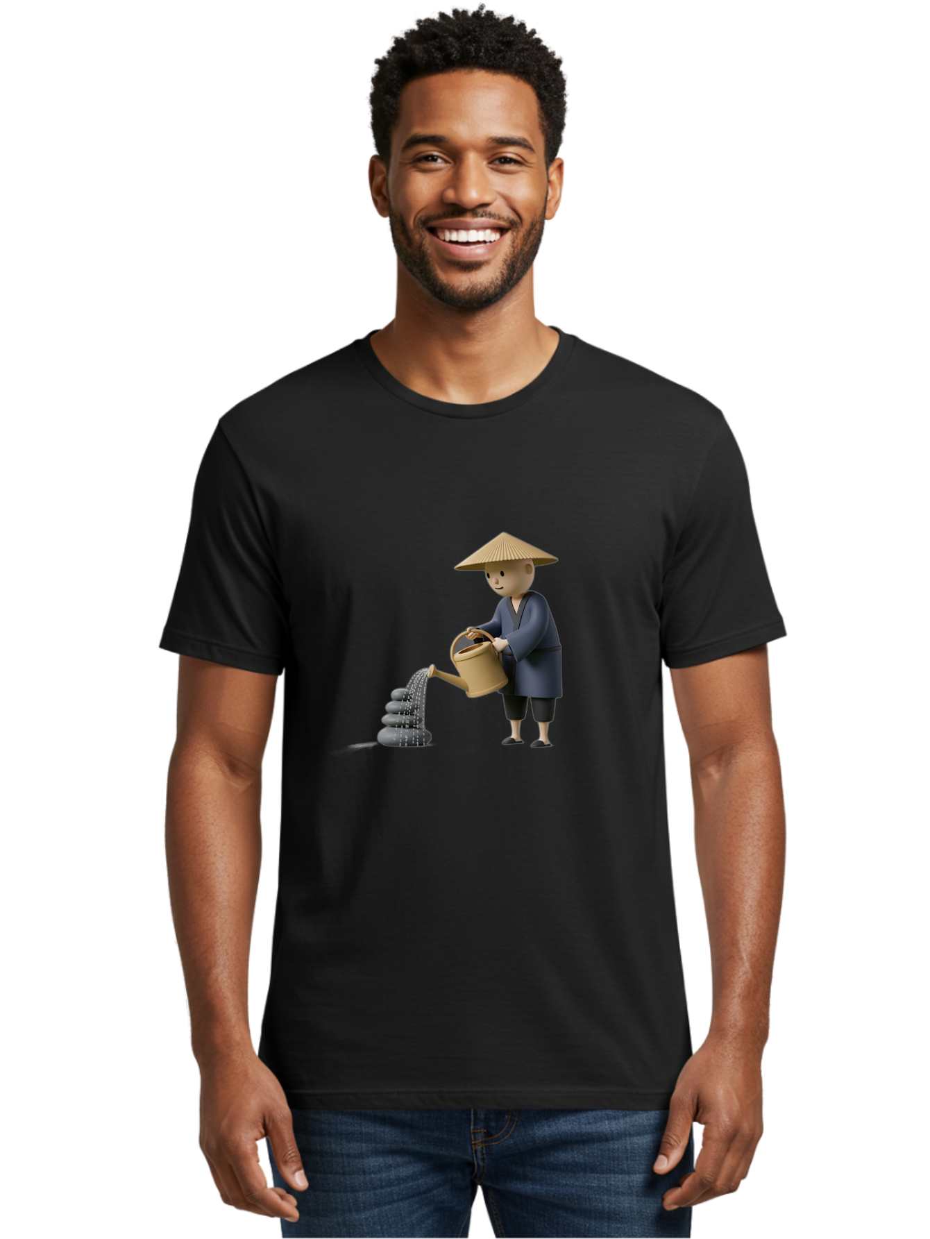 Farmer-Watering-Rocks Men'S Graphic Tee, 100% Cotton, Comfortable Casual Summer Wear, Machine Washable, Monk Watering Stones, Zen Garden, Peaceful Atmosphere, Serene Ambiance, Calming Scene, Tranquil Setting, 3D Illustration, Cartoon Style Baa659