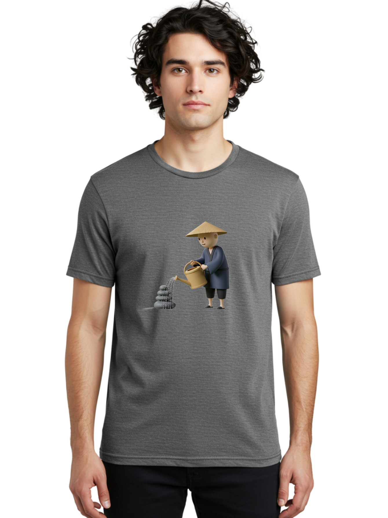 Farmer-Watering-Rocks Men'S Graphic Tee, 100% Cotton, Comfortable Casual Summer Wear, Machine Washable, Monk Watering Stones, Zen Garden, Peaceful Atmosphere, Serene Ambiance, Calming Scene, Tranquil Setting, 3D Illustration, Cartoon Style Baa659