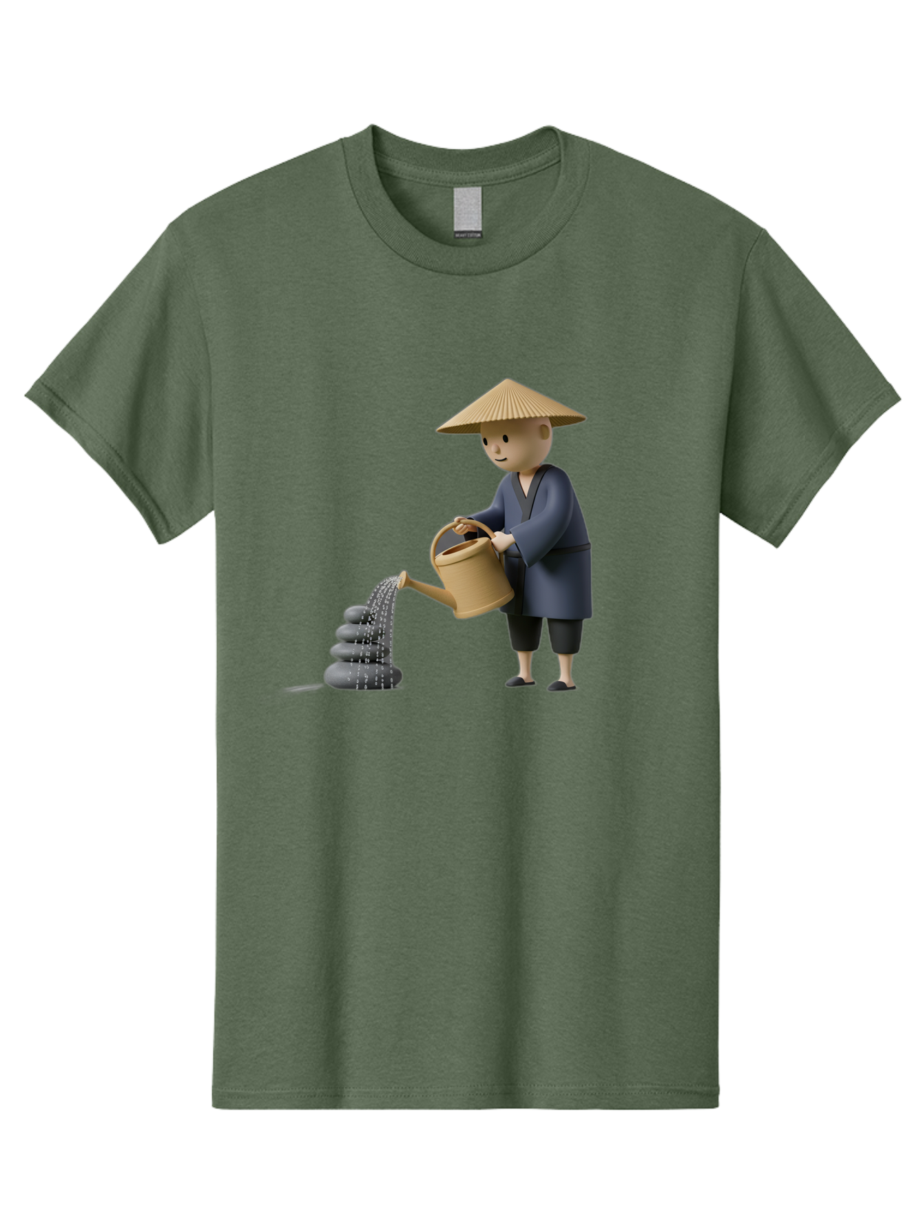 Farmer-Watering-Rocks Men'S Graphic Tee, 100% Cotton, Comfortable Casual Summer Wear, Machine Washable, Monk Watering Stones, Zen Garden, Peaceful Atmosphere, Serene Ambiance, Calming Scene, Tranquil Setting, 3D Illustration, Cartoon Style Baa659