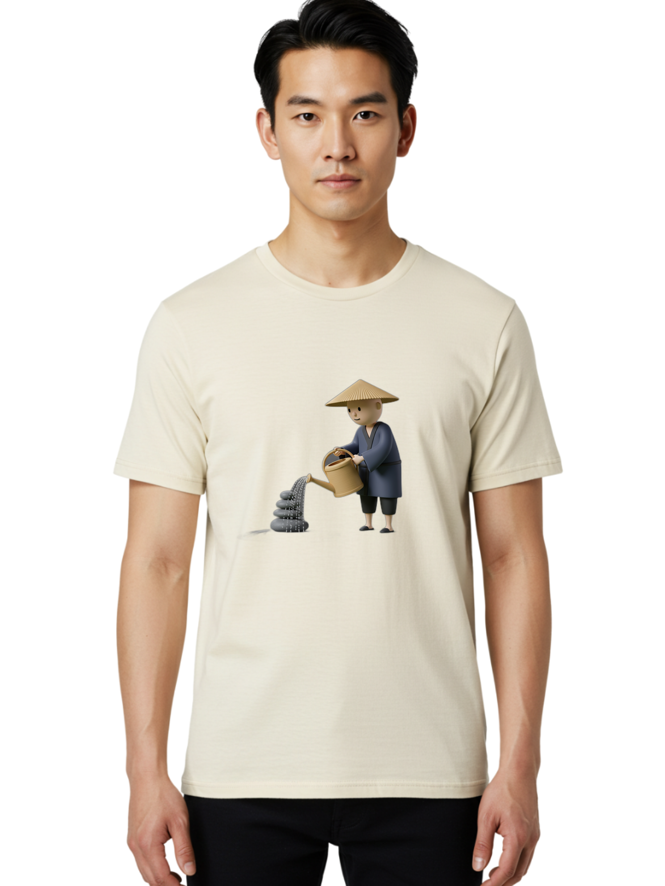 Farmer-Watering-Rocks Men'S Graphic Tee, 100% Cotton, Comfortable Casual Summer Wear, Machine Washable, Monk Watering Stones, Zen Garden, Peaceful Atmosphere, Serene Ambiance, Calming Scene, Tranquil Setting, 3D Illustration, Cartoon Style Baa659