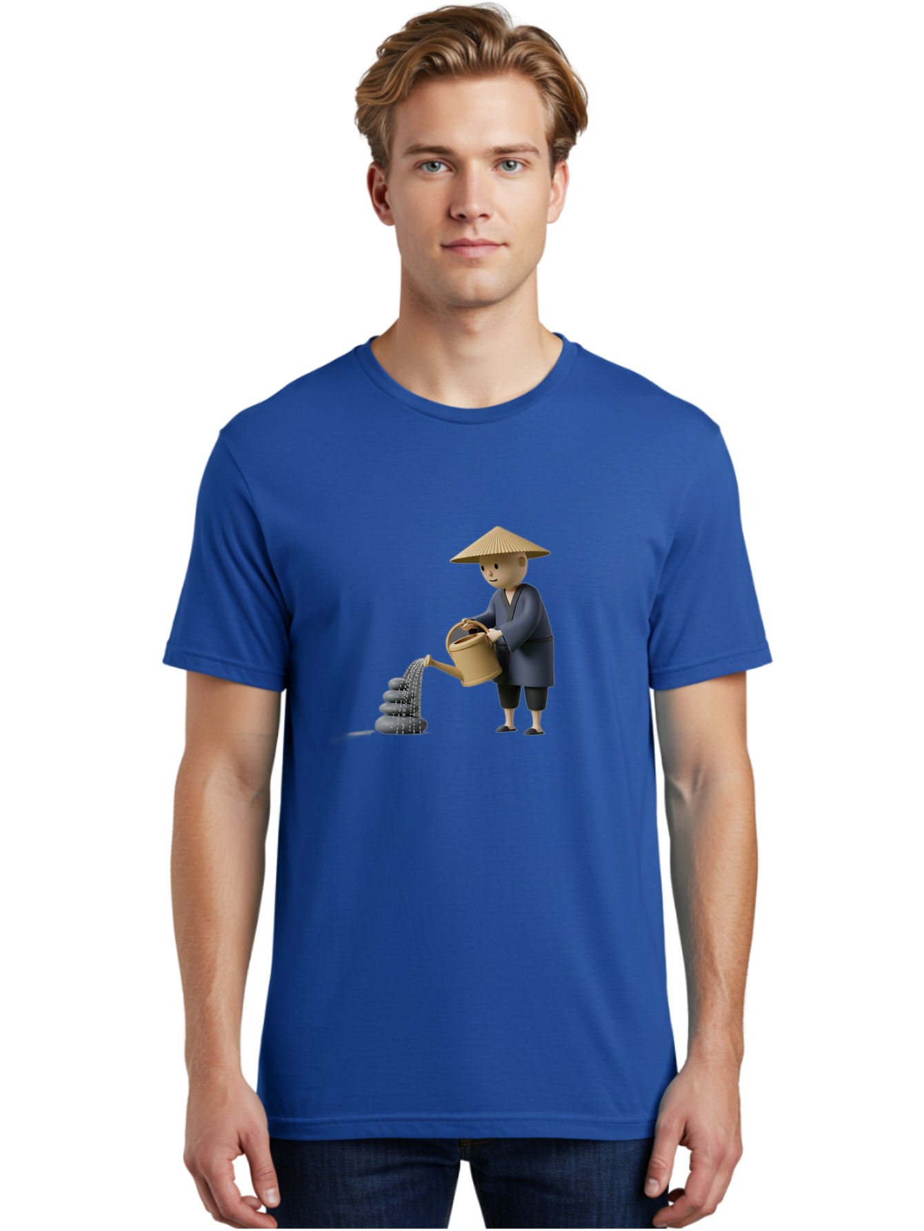 Farmer-Watering-Rocks Men'S Graphic Tee, 100% Cotton, Comfortable Casual Summer Wear, Machine Washable, Monk Watering Stones, Zen Garden, Peaceful Atmosphere, Serene Ambiance, Calming Scene, Tranquil Setting, 3D Illustration, Cartoon Style Baa659