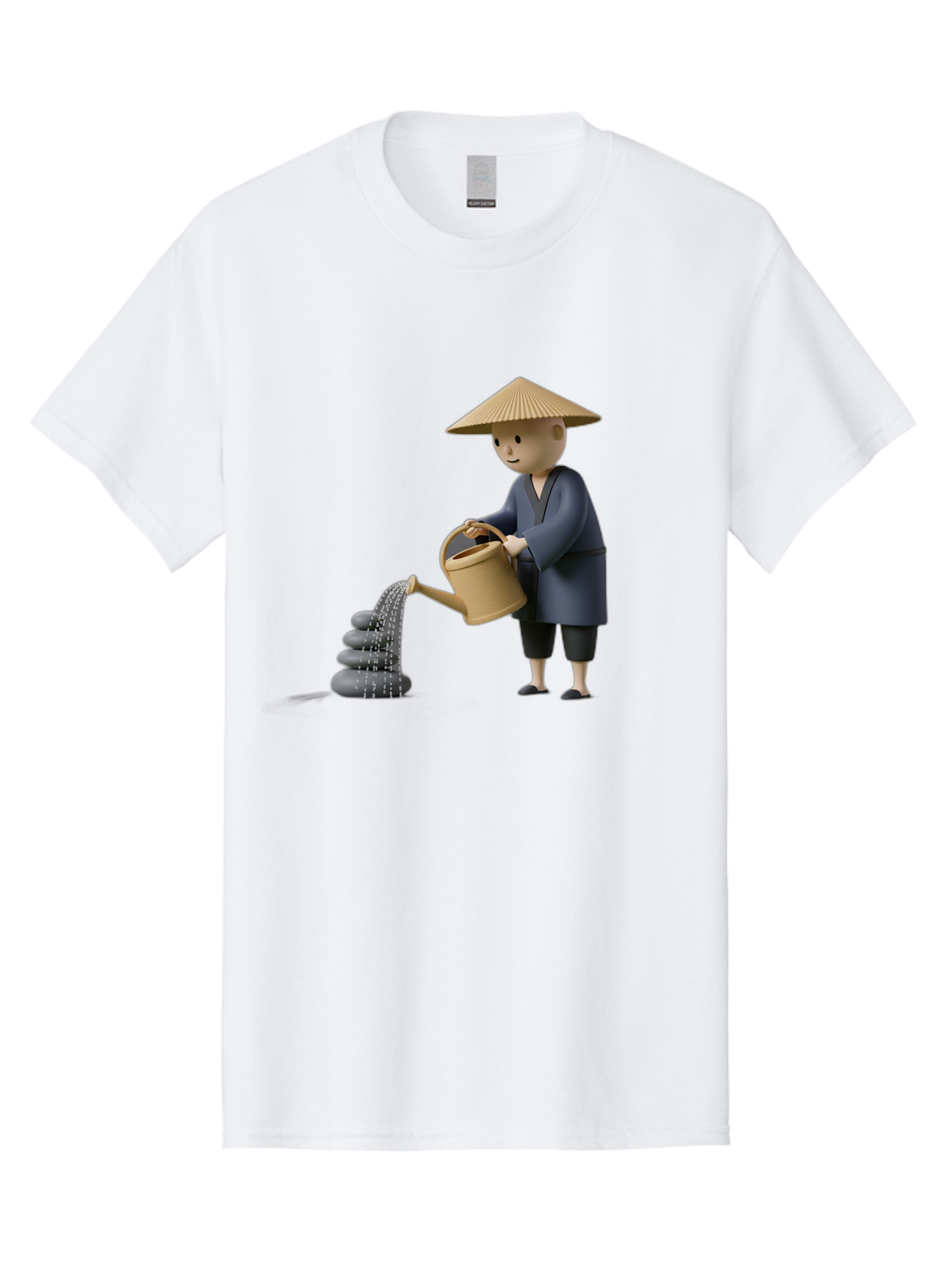 Farmer-Watering-Rocks Men'S Graphic Tee, 100% Cotton, Comfortable Casual Summer Wear, Machine Washable, Monk Watering Stones, Zen Garden, Peaceful Atmosphere, Serene Ambiance, Calming Scene, Tranquil Setting, 3D Illustration, Cartoon Style Baa659