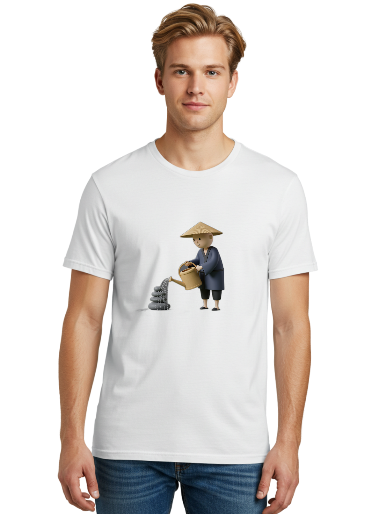 Farmer-Watering-Rocks Men'S Graphic Tee, 100% Cotton, Comfortable Casual Summer Wear, Machine Washable, Monk Watering Stones, Zen Garden, Peaceful Atmosphere, Serene Ambiance, Calming Scene, Tranquil Setting, 3D Illustration, Cartoon Style Baa659
