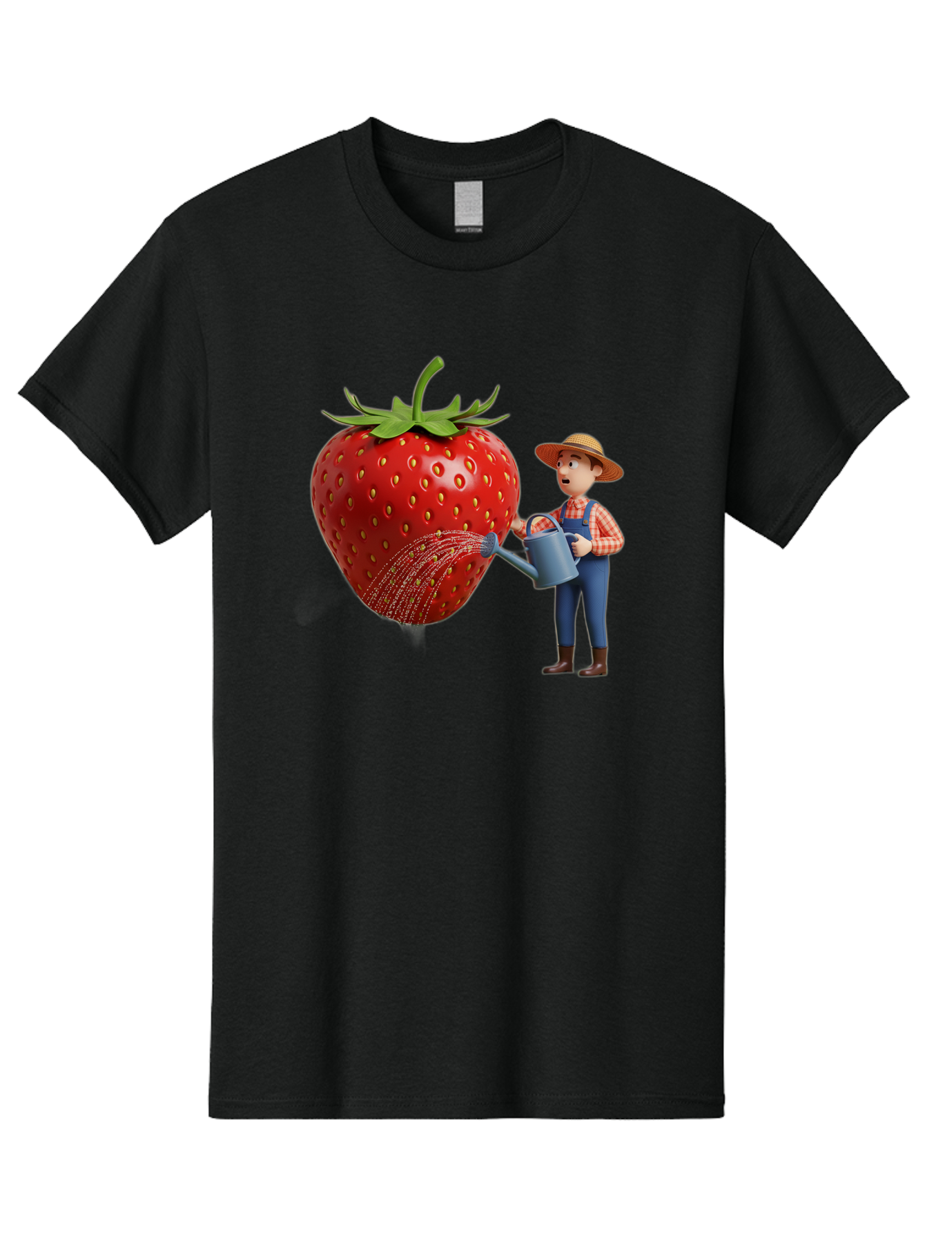 Farmer-Waters-Strawberry Men'S Graphic Tee, 100% Cotton, Comfortable Casual Summer Wear, Machine Washable, Cartoon Farmer Watering Giant Strawberry, Rural Life, Fruit Care, Gardening Scene, Farm Fresh Produce, Agricultural Theme, Baa660