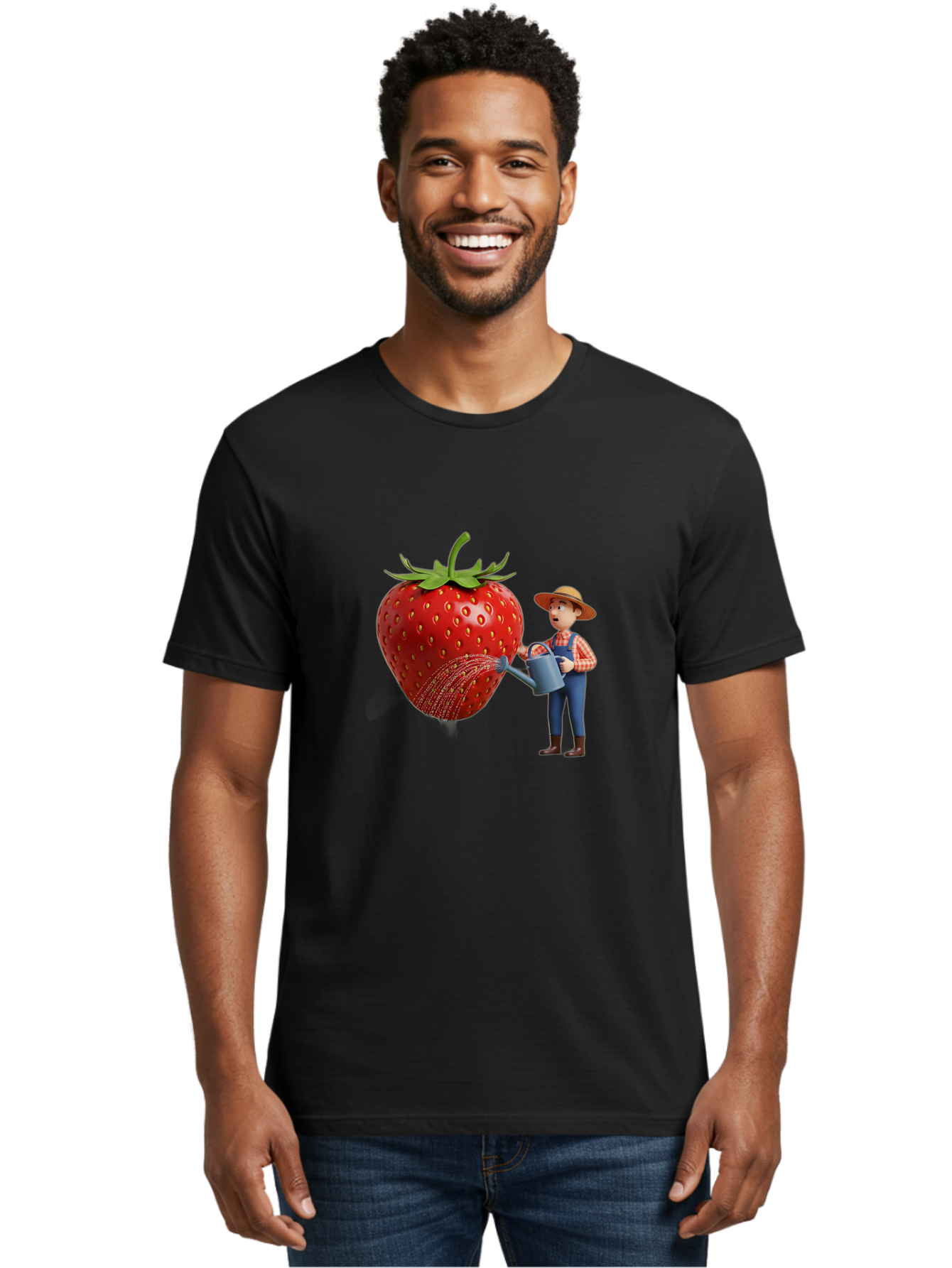 Farmer-Waters-Strawberry Men'S Graphic Tee, 100% Cotton, Comfortable Casual Summer Wear, Machine Washable, Cartoon Farmer Watering Giant Strawberry, Rural Life, Fruit Care, Gardening Scene, Farm Fresh Produce, Agricultural Theme, Baa660