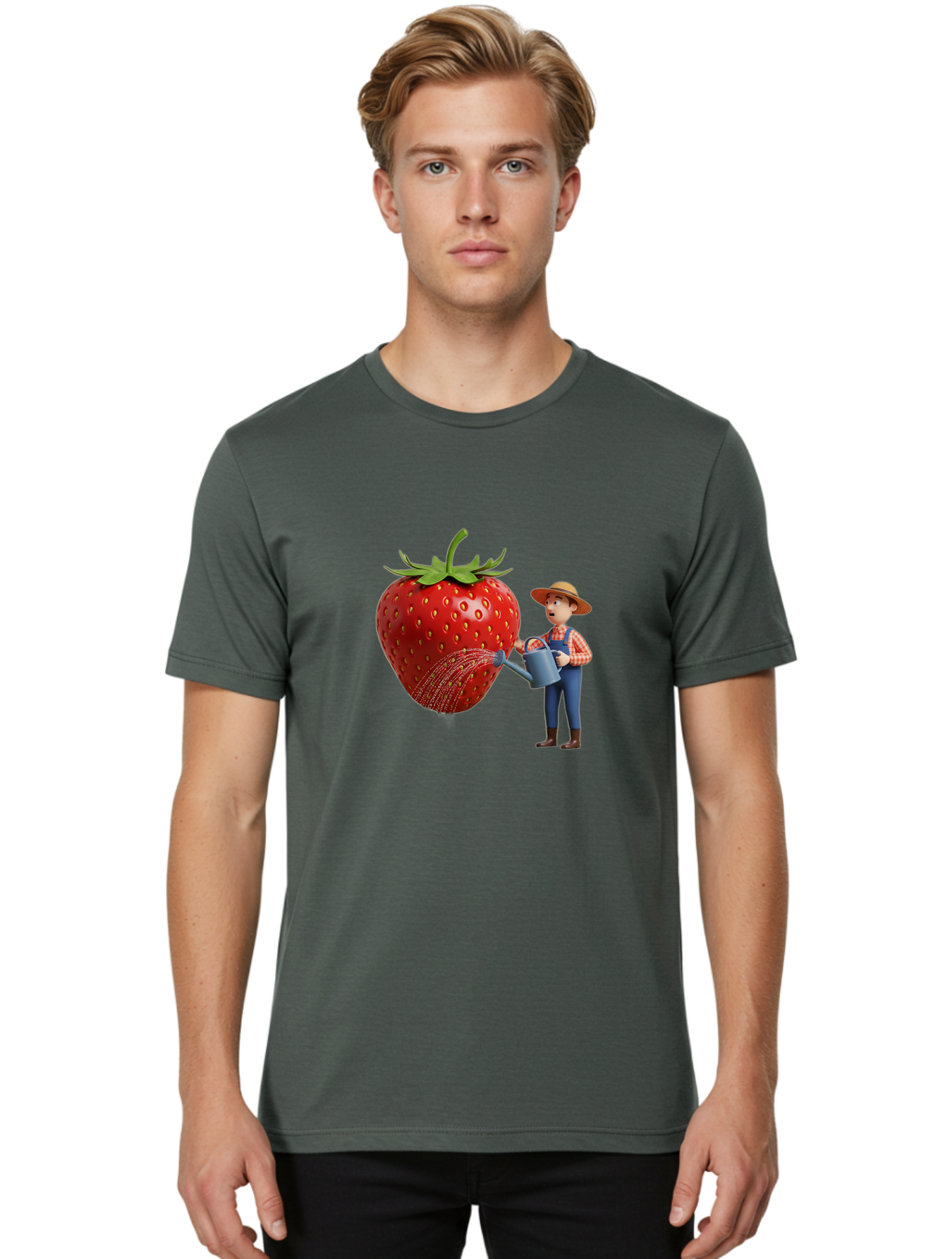 Farmer-Waters-Strawberry Men'S Graphic Tee, 100% Cotton, Comfortable Casual Summer Wear, Machine Washable, Cartoon Farmer Watering Giant Strawberry, Rural Life, Fruit Care, Gardening Scene, Farm Fresh Produce, Agricultural Theme, Baa660