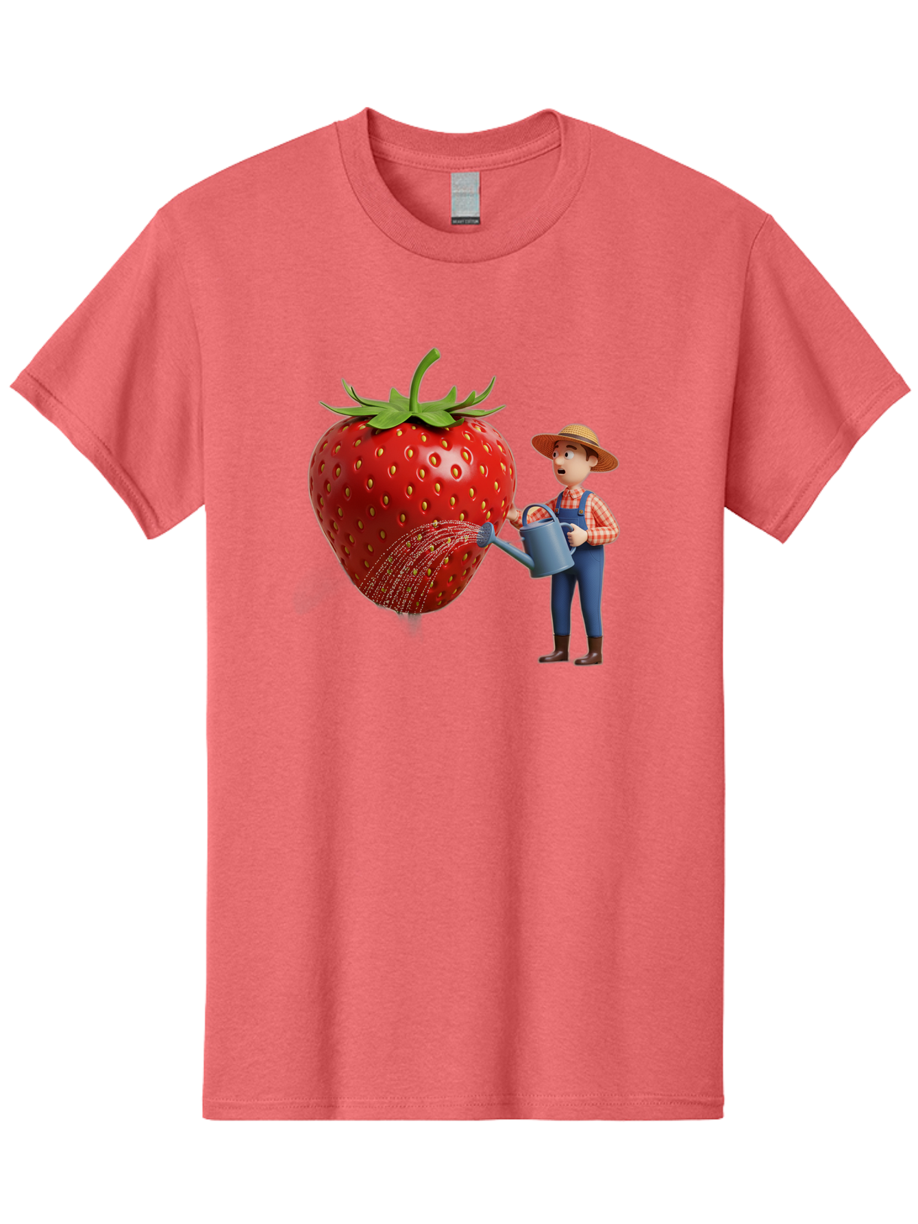 Farmer-Waters-Strawberry Men'S Graphic Tee, 100% Cotton, Comfortable Casual Summer Wear, Machine Washable, Cartoon Farmer Watering Giant Strawberry, Rural Life, Fruit Care, Gardening Scene, Farm Fresh Produce, Agricultural Theme, Baa660