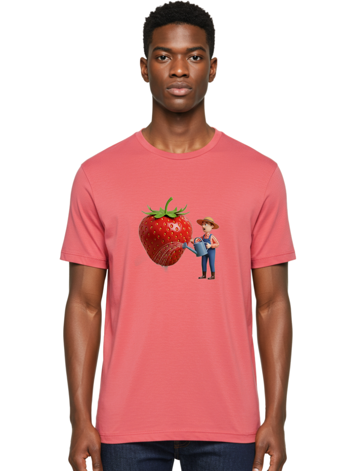 Farmer-Waters-Strawberry Men'S Graphic Tee, 100% Cotton, Comfortable Casual Summer Wear, Machine Washable, Cartoon Farmer Watering Giant Strawberry, Rural Life, Fruit Care, Gardening Scene, Farm Fresh Produce, Agricultural Theme, Baa660