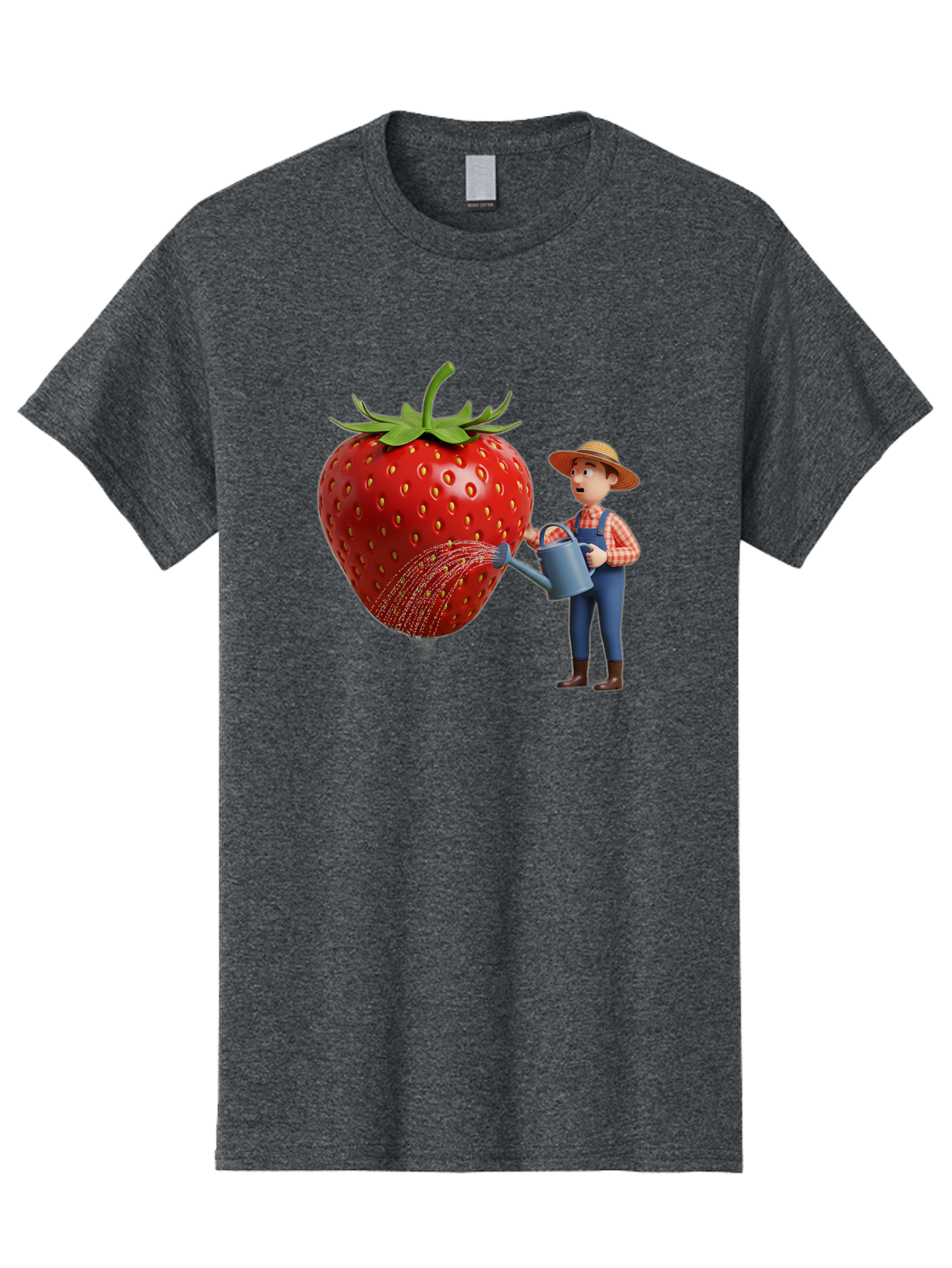 Farmer-Waters-Strawberry Men'S Graphic Tee, 100% Cotton, Comfortable Casual Summer Wear, Machine Washable, Cartoon Farmer Watering Giant Strawberry, Rural Life, Fruit Care, Gardening Scene, Farm Fresh Produce, Agricultural Theme, Baa660