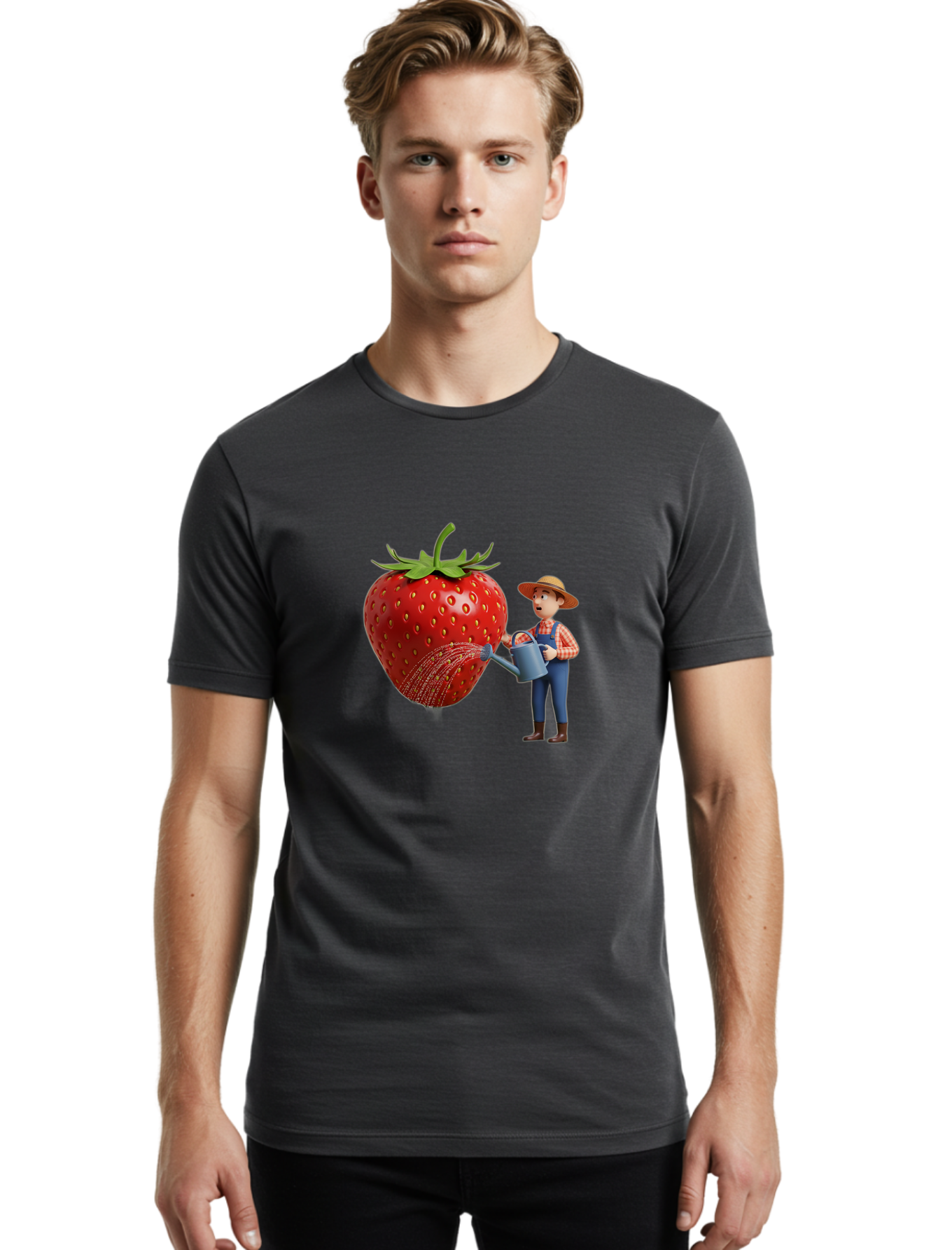 Farmer-Waters-Strawberry Men'S Graphic Tee, 100% Cotton, Comfortable Casual Summer Wear, Machine Washable, Cartoon Farmer Watering Giant Strawberry, Rural Life, Fruit Care, Gardening Scene, Farm Fresh Produce, Agricultural Theme, Baa660