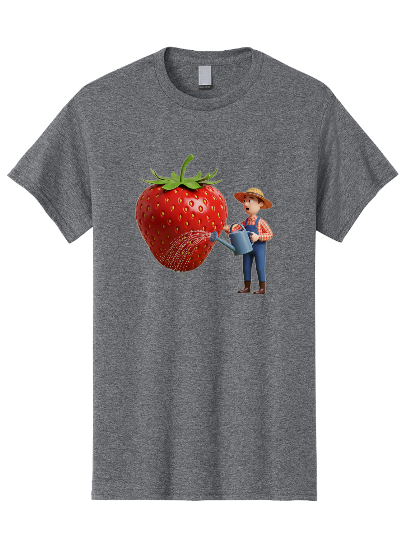 Farmer-Waters-Strawberry Men'S Graphic Tee, 100% Cotton, Comfortable Casual Summer Wear, Machine Washable, Cartoon Farmer Watering Giant Strawberry, Rural Life, Fruit Care, Gardening Scene, Farm Fresh Produce, Agricultural Theme, Baa660