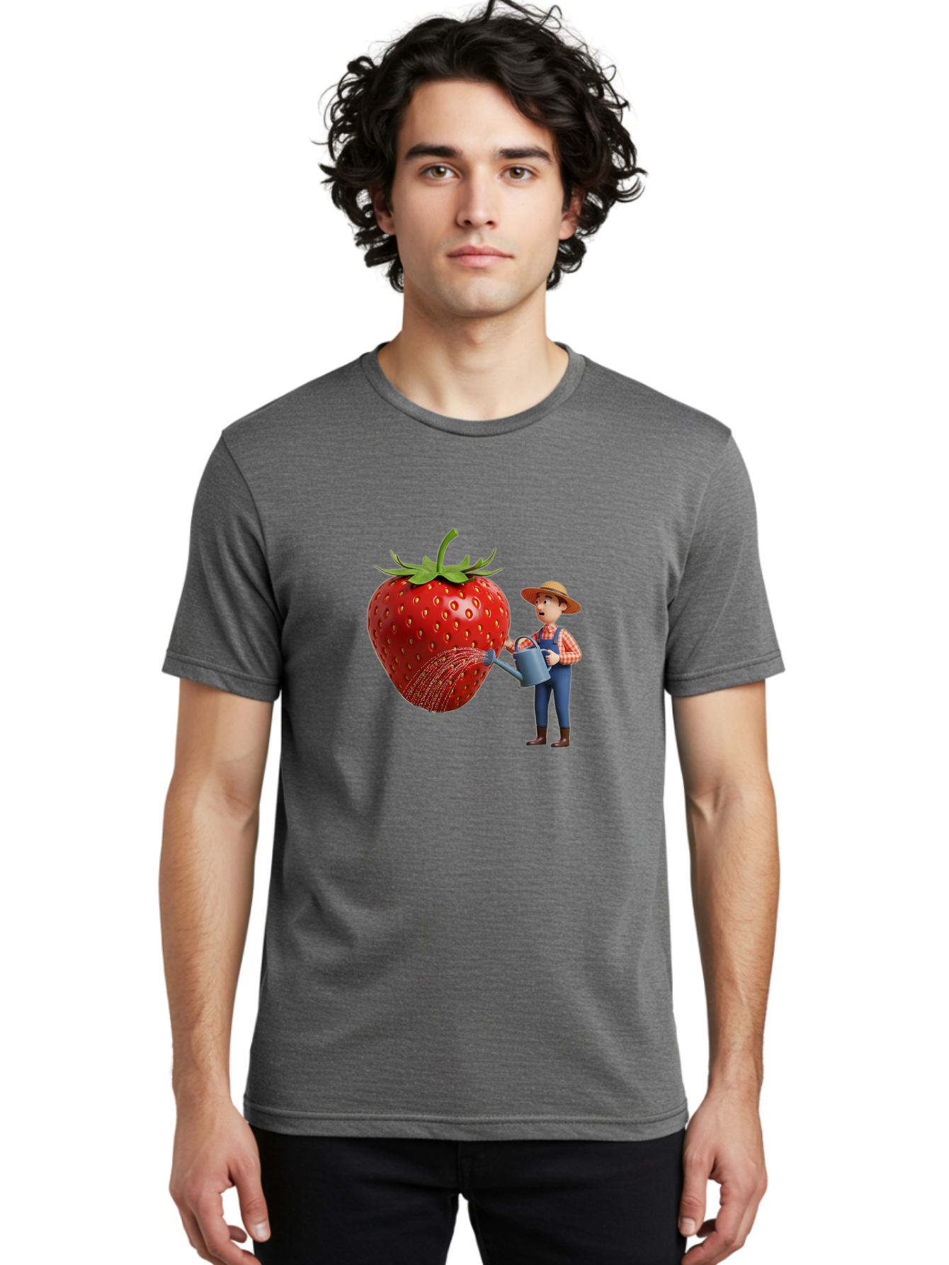 Farmer-Waters-Strawberry Men'S Graphic Tee, 100% Cotton, Comfortable Casual Summer Wear, Machine Washable, Cartoon Farmer Watering Giant Strawberry, Rural Life, Fruit Care, Gardening Scene, Farm Fresh Produce, Agricultural Theme, Baa660