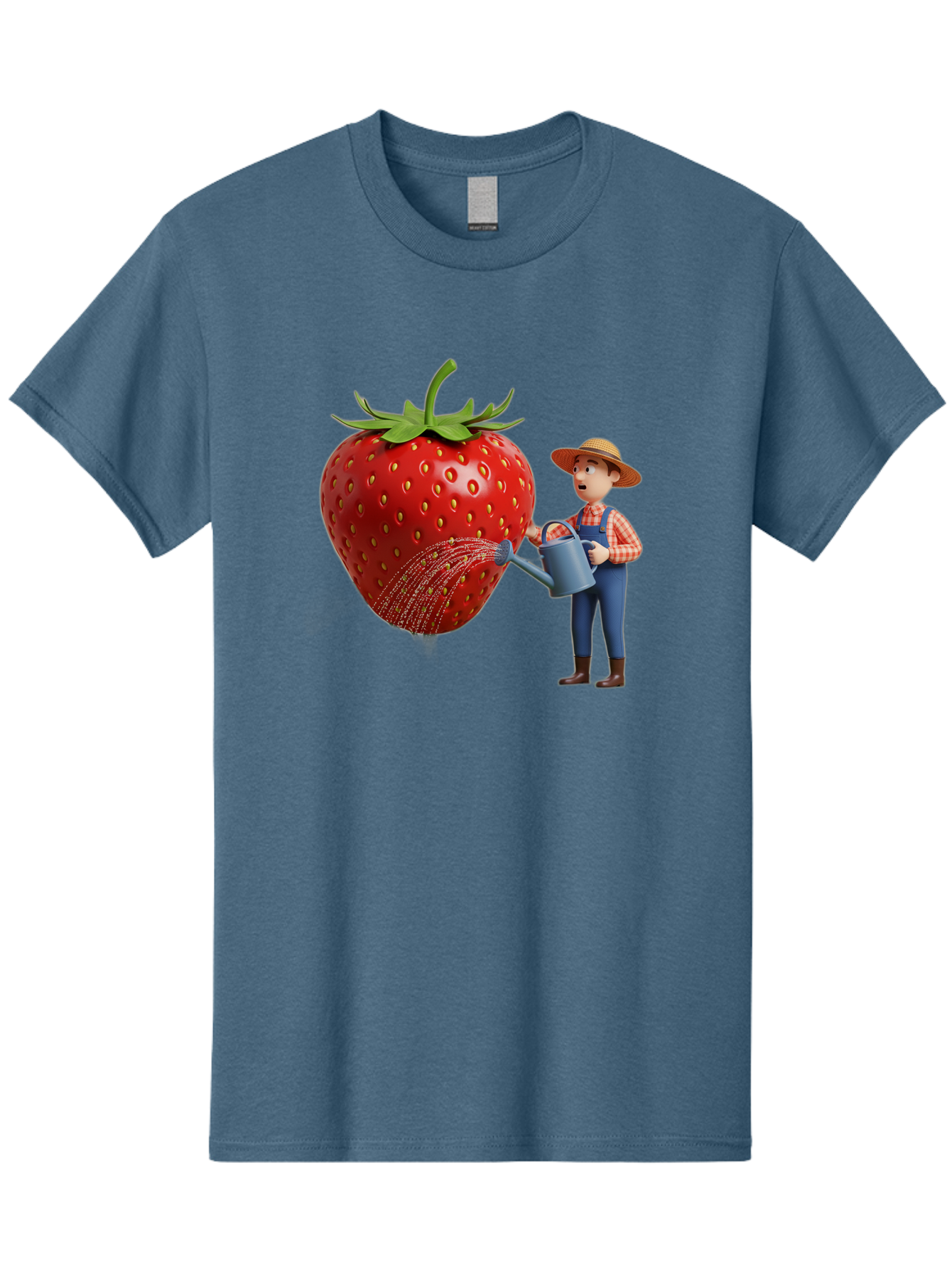 Farmer-Waters-Strawberry Men'S Graphic Tee, 100% Cotton, Comfortable Casual Summer Wear, Machine Washable, Cartoon Farmer Watering Giant Strawberry, Rural Life, Fruit Care, Gardening Scene, Farm Fresh Produce, Agricultural Theme, Baa660