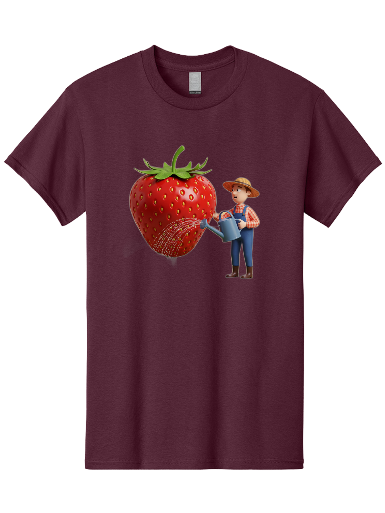 Farmer-Waters-Strawberry Men'S Graphic Tee, 100% Cotton, Comfortable Casual Summer Wear, Machine Washable, Cartoon Farmer Watering Giant Strawberry, Rural Life, Fruit Care, Gardening Scene, Farm Fresh Produce, Agricultural Theme, Baa660