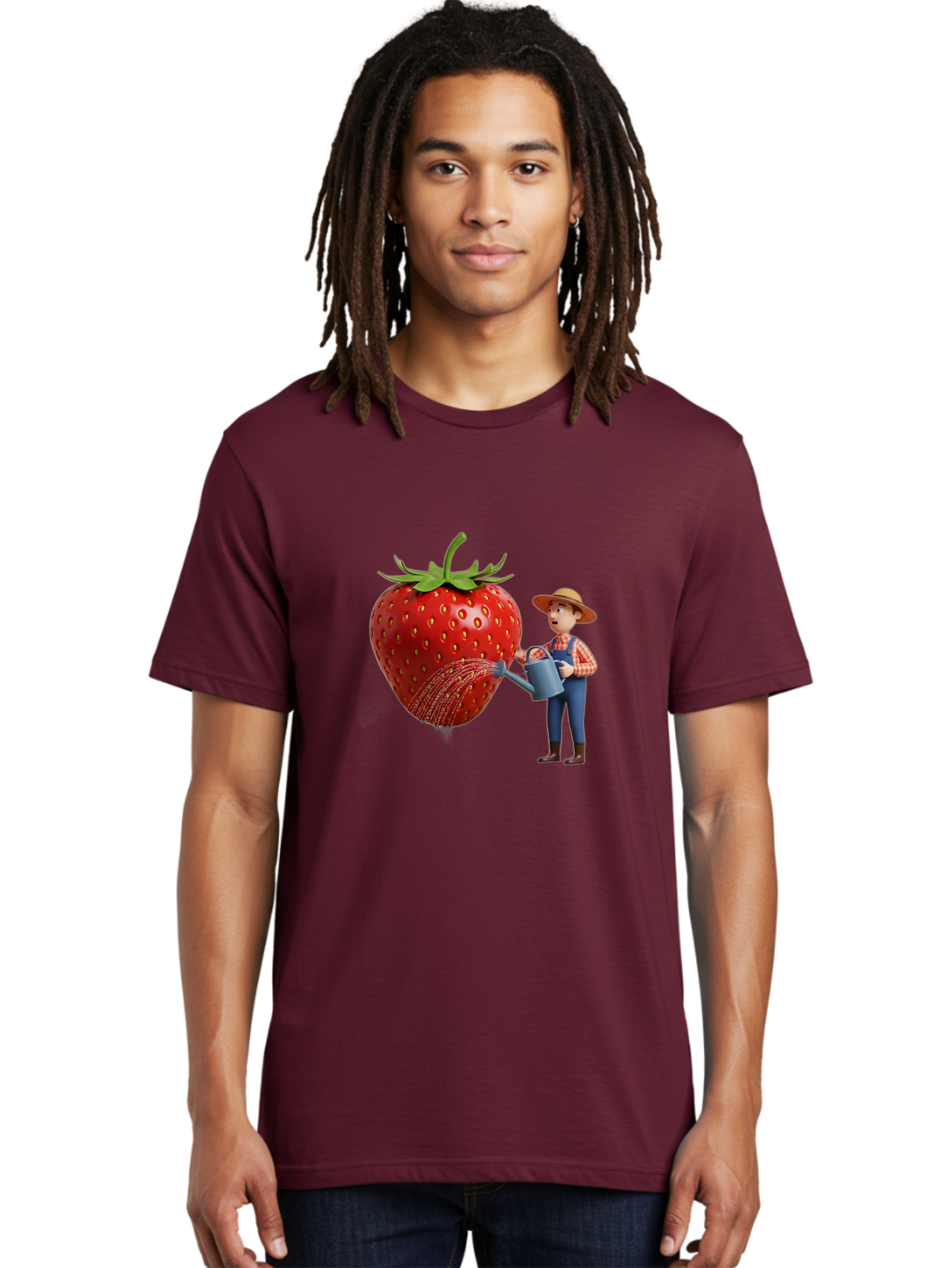 Farmer-Waters-Strawberry Men'S Graphic Tee, 100% Cotton, Comfortable Casual Summer Wear, Machine Washable, Cartoon Farmer Watering Giant Strawberry, Rural Life, Fruit Care, Gardening Scene, Farm Fresh Produce, Agricultural Theme, Baa660