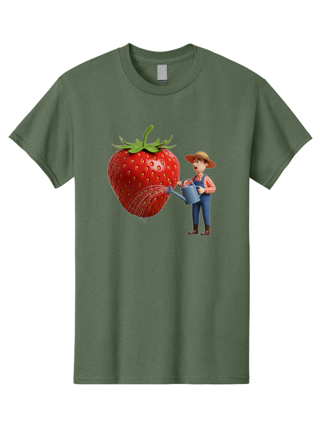 Farmer-Waters-Strawberry Men'S Graphic Tee, 100% Cotton, Comfortable Casual Summer Wear, Machine Washable, Cartoon Farmer Watering Giant Strawberry, Rural Life, Fruit Care, Gardening Scene, Farm Fresh Produce, Agricultural Theme, Baa660