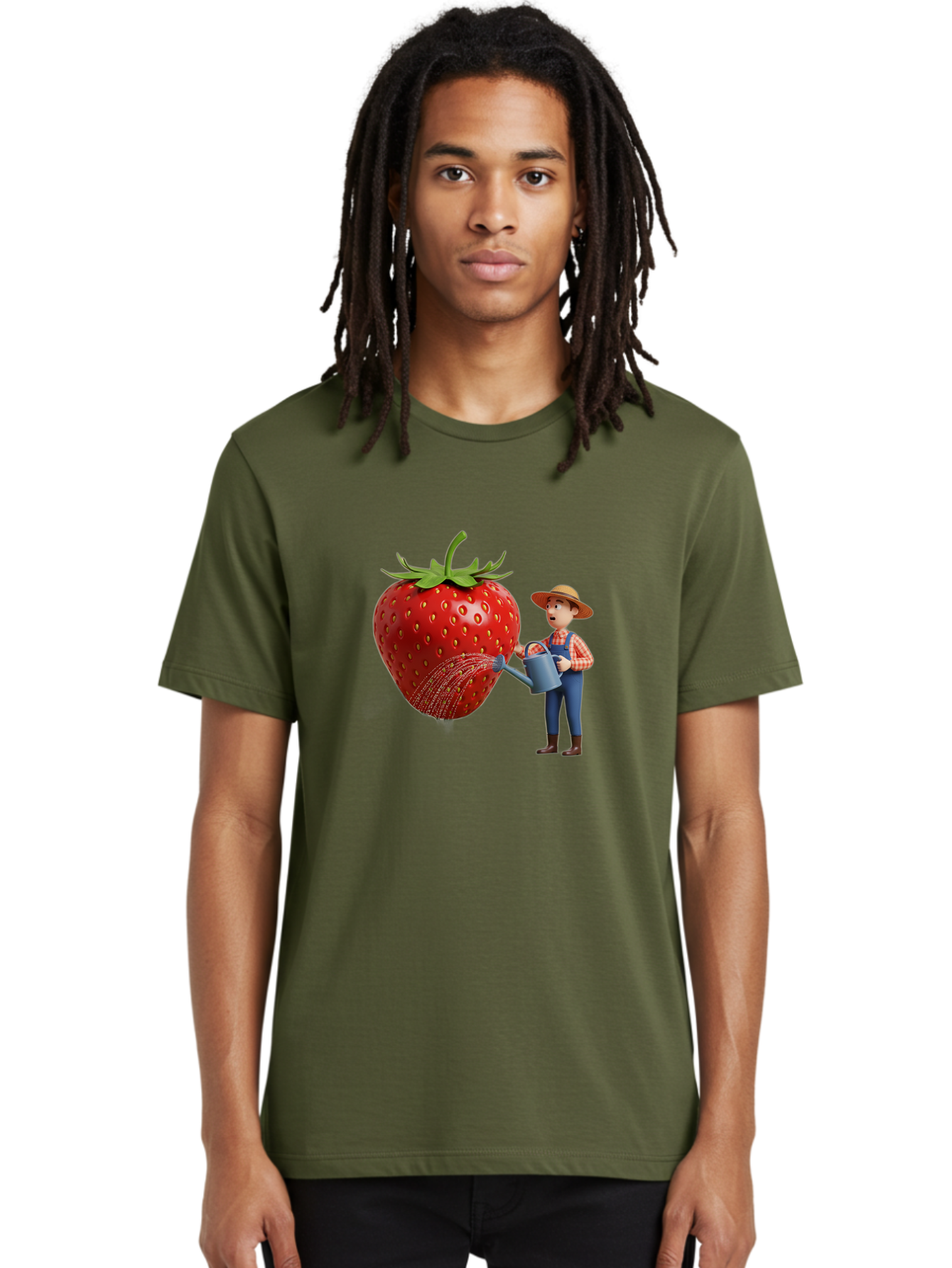 Farmer-Waters-Strawberry Men'S Graphic Tee, 100% Cotton, Comfortable Casual Summer Wear, Machine Washable, Cartoon Farmer Watering Giant Strawberry, Rural Life, Fruit Care, Gardening Scene, Farm Fresh Produce, Agricultural Theme, Baa660