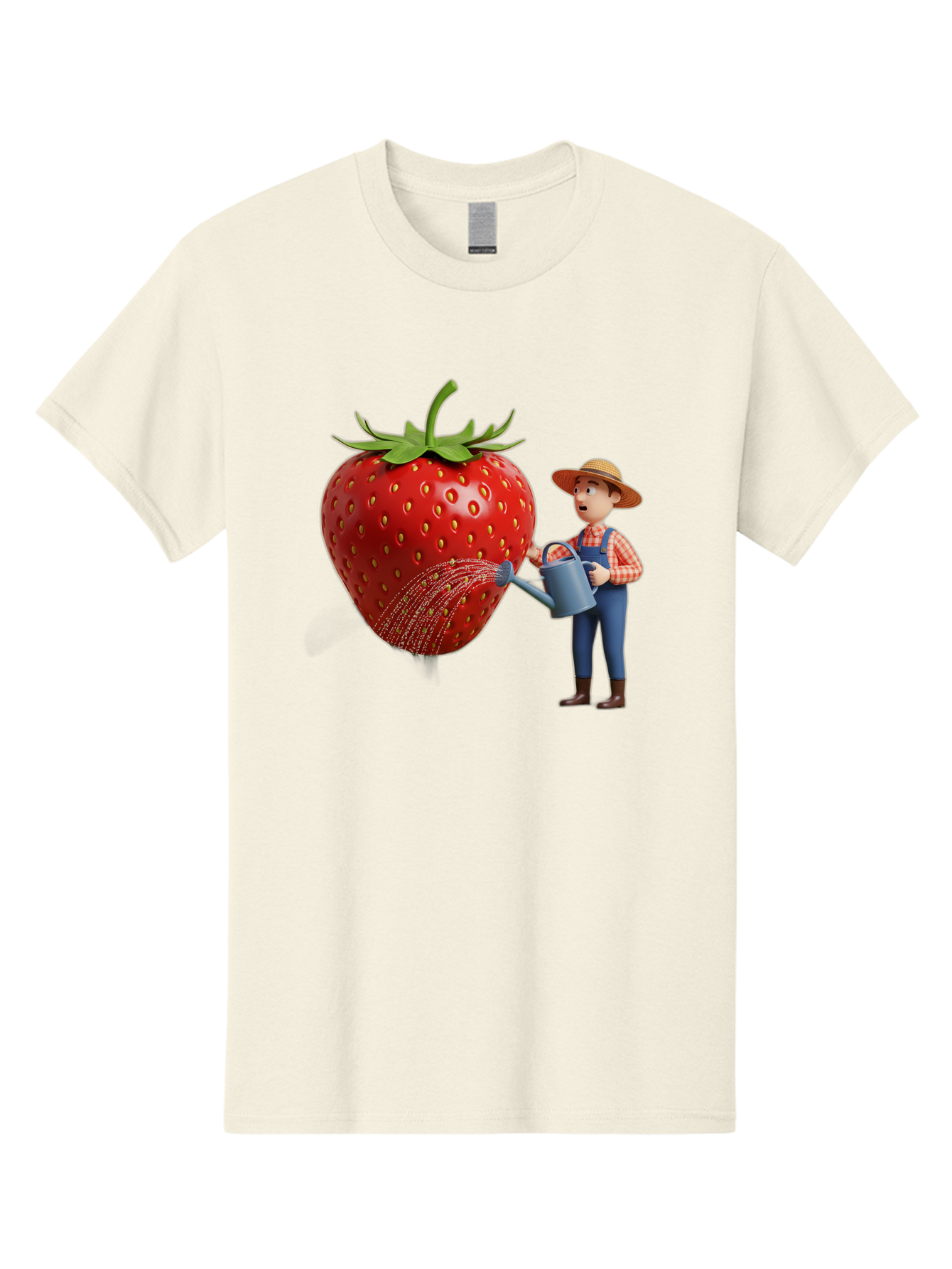 Farmer-Waters-Strawberry Men'S Graphic Tee, 100% Cotton, Comfortable Casual Summer Wear, Machine Washable, Cartoon Farmer Watering Giant Strawberry, Rural Life, Fruit Care, Gardening Scene, Farm Fresh Produce, Agricultural Theme, Baa660