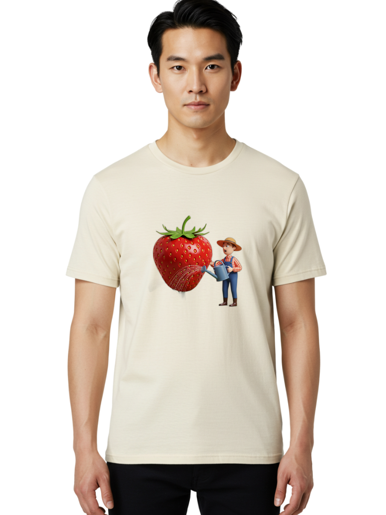Farmer-Waters-Strawberry Men'S Graphic Tee, 100% Cotton, Comfortable Casual Summer Wear, Machine Washable, Cartoon Farmer Watering Giant Strawberry, Rural Life, Fruit Care, Gardening Scene, Farm Fresh Produce, Agricultural Theme, Baa660