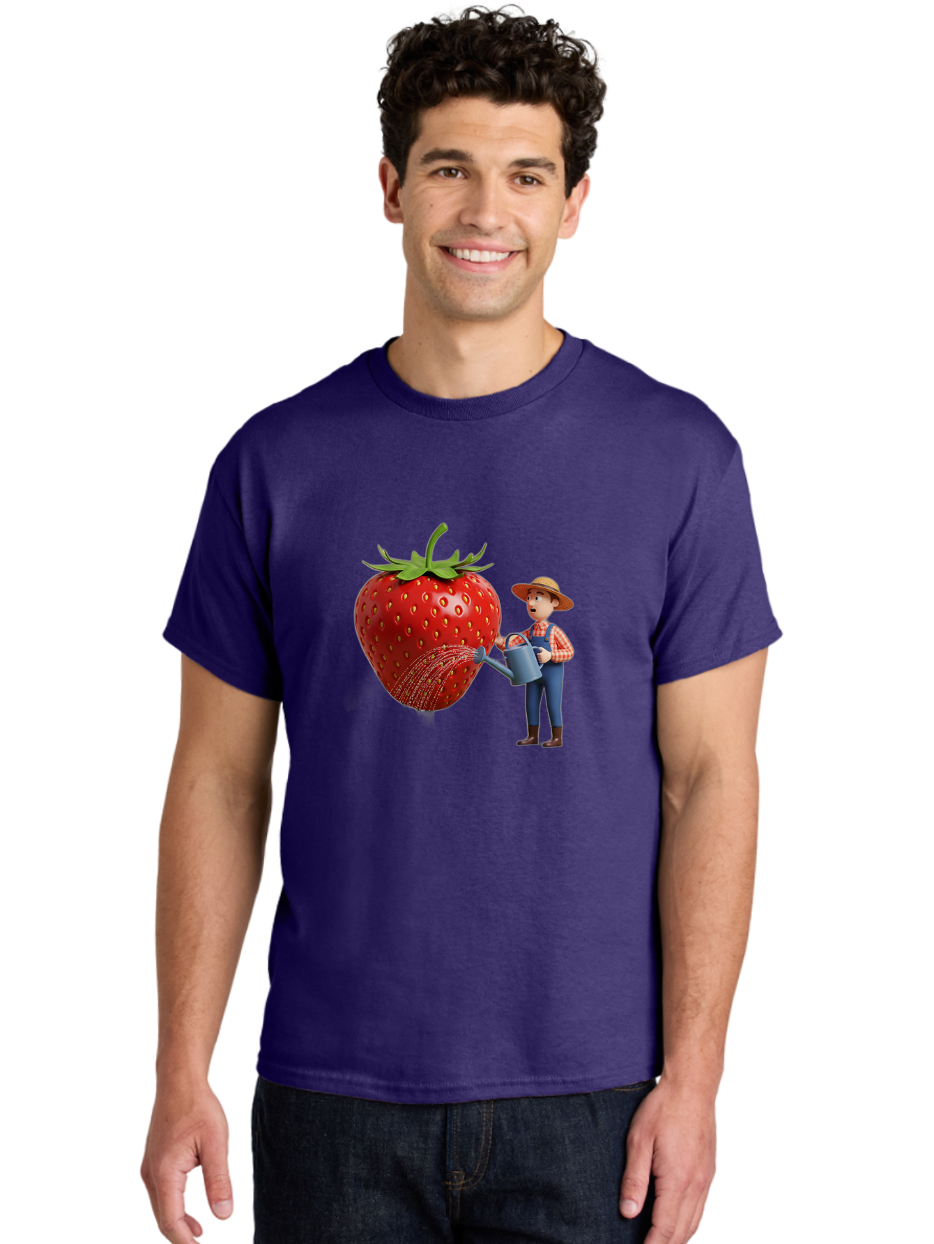 Farmer-Waters-Strawberry Men'S Graphic Tee, 100% Cotton, Comfortable Casual Summer Wear, Machine Washable, Cartoon Farmer Watering Giant Strawberry, Rural Life, Fruit Care, Gardening Scene, Farm Fresh Produce, Agricultural Theme, Baa660