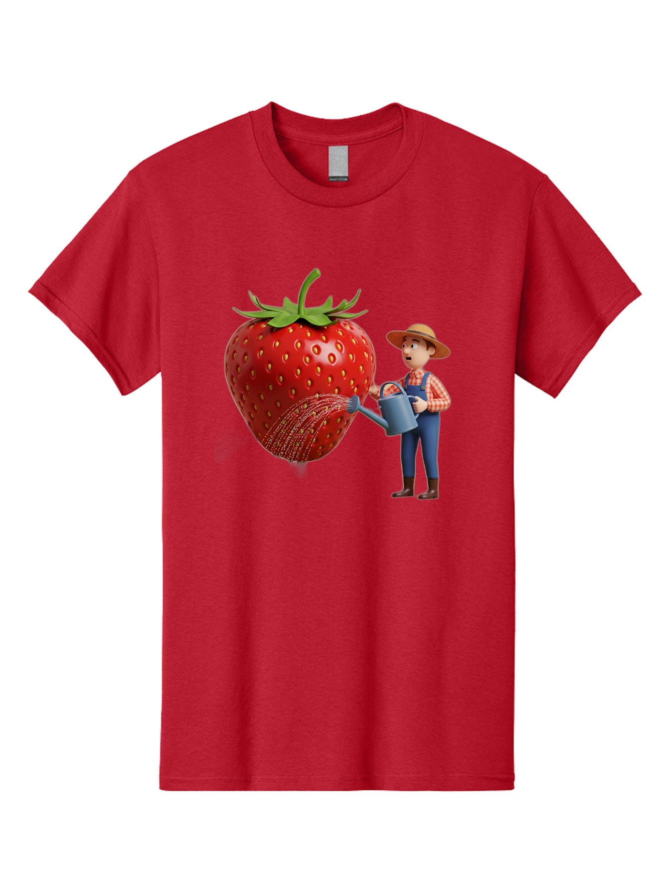 Farmer-Waters-Strawberry Men'S Graphic Tee, 100% Cotton, Comfortable Casual Summer Wear, Machine Washable, Cartoon Farmer Watering Giant Strawberry, Rural Life, Fruit Care, Gardening Scene, Farm Fresh Produce, Agricultural Theme, Baa660