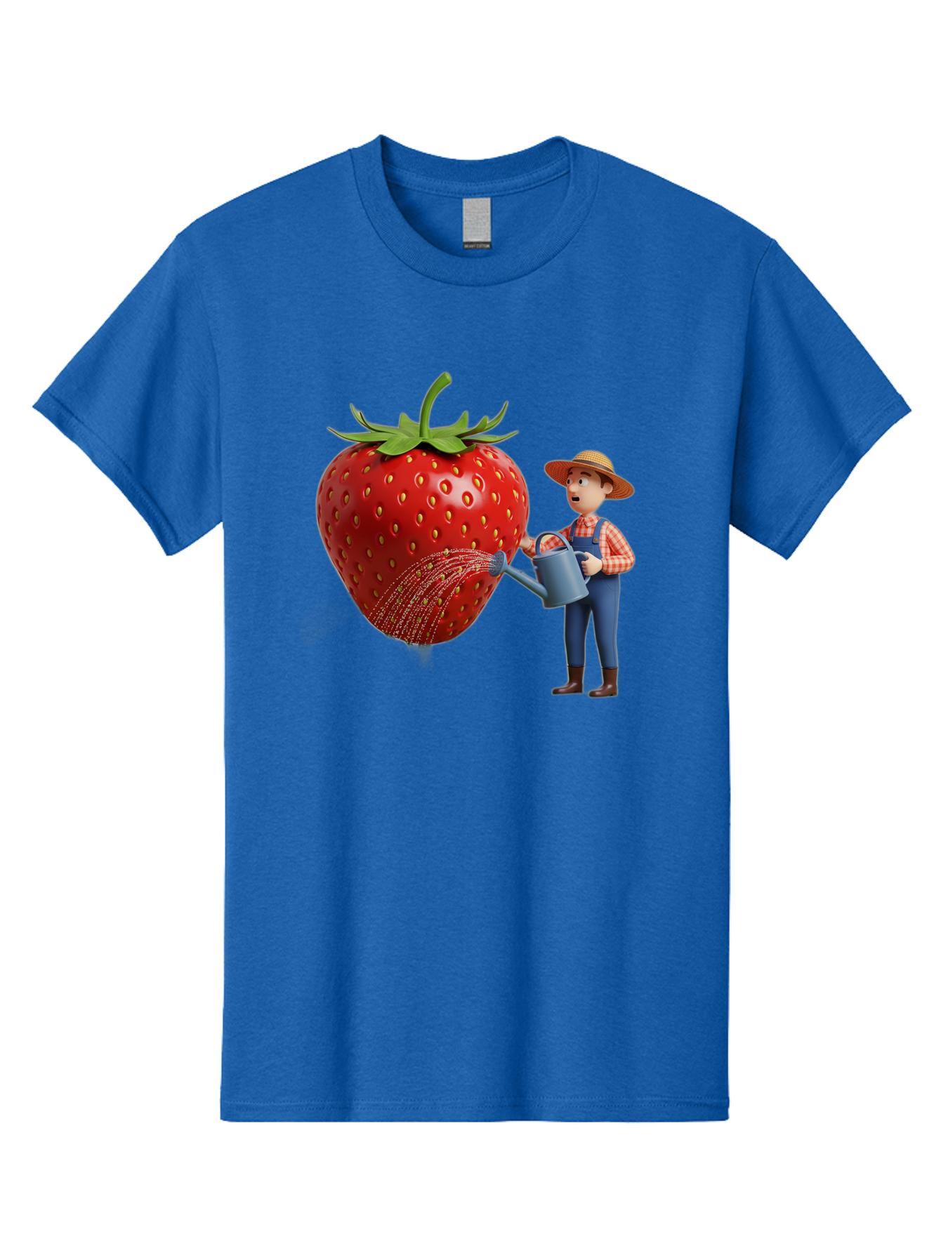 Farmer-Waters-Strawberry Men'S Graphic Tee, 100% Cotton, Comfortable Casual Summer Wear, Machine Washable, Cartoon Farmer Watering Giant Strawberry, Rural Life, Fruit Care, Gardening Scene, Farm Fresh Produce, Agricultural Theme, Baa660