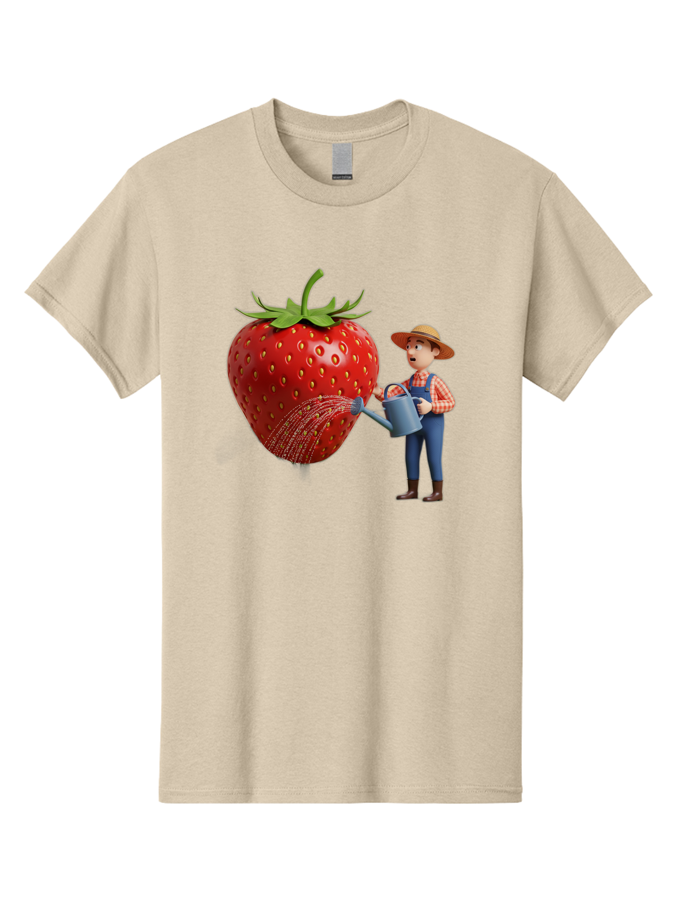Farmer-Waters-Strawberry Men'S Graphic Tee, 100% Cotton, Comfortable Casual Summer Wear, Machine Washable, Cartoon Farmer Watering Giant Strawberry, Rural Life, Fruit Care, Gardening Scene, Farm Fresh Produce, Agricultural Theme, Baa660