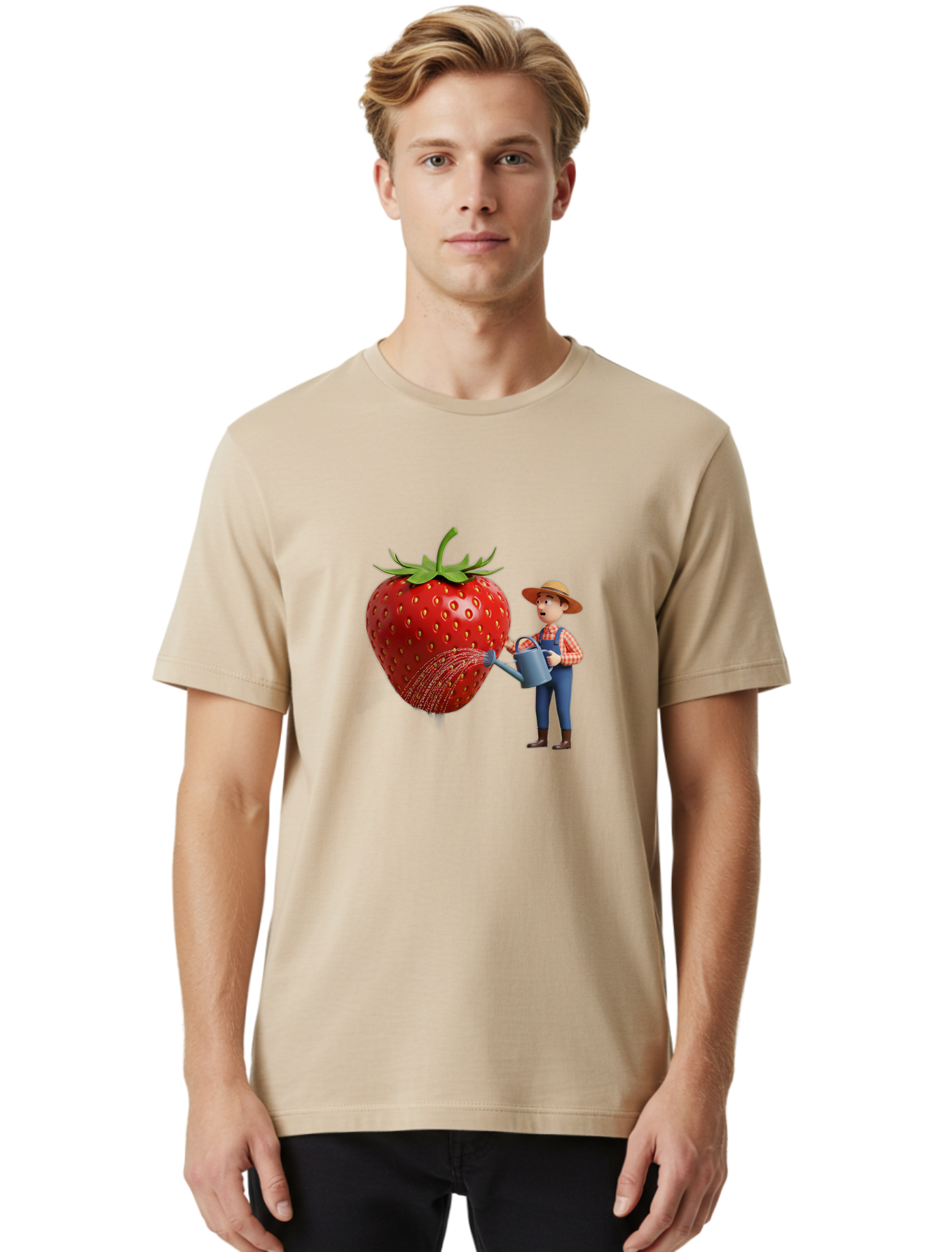 Farmer-Waters-Strawberry Men'S Graphic Tee, 100% Cotton, Comfortable Casual Summer Wear, Machine Washable, Cartoon Farmer Watering Giant Strawberry, Rural Life, Fruit Care, Gardening Scene, Farm Fresh Produce, Agricultural Theme, Baa660