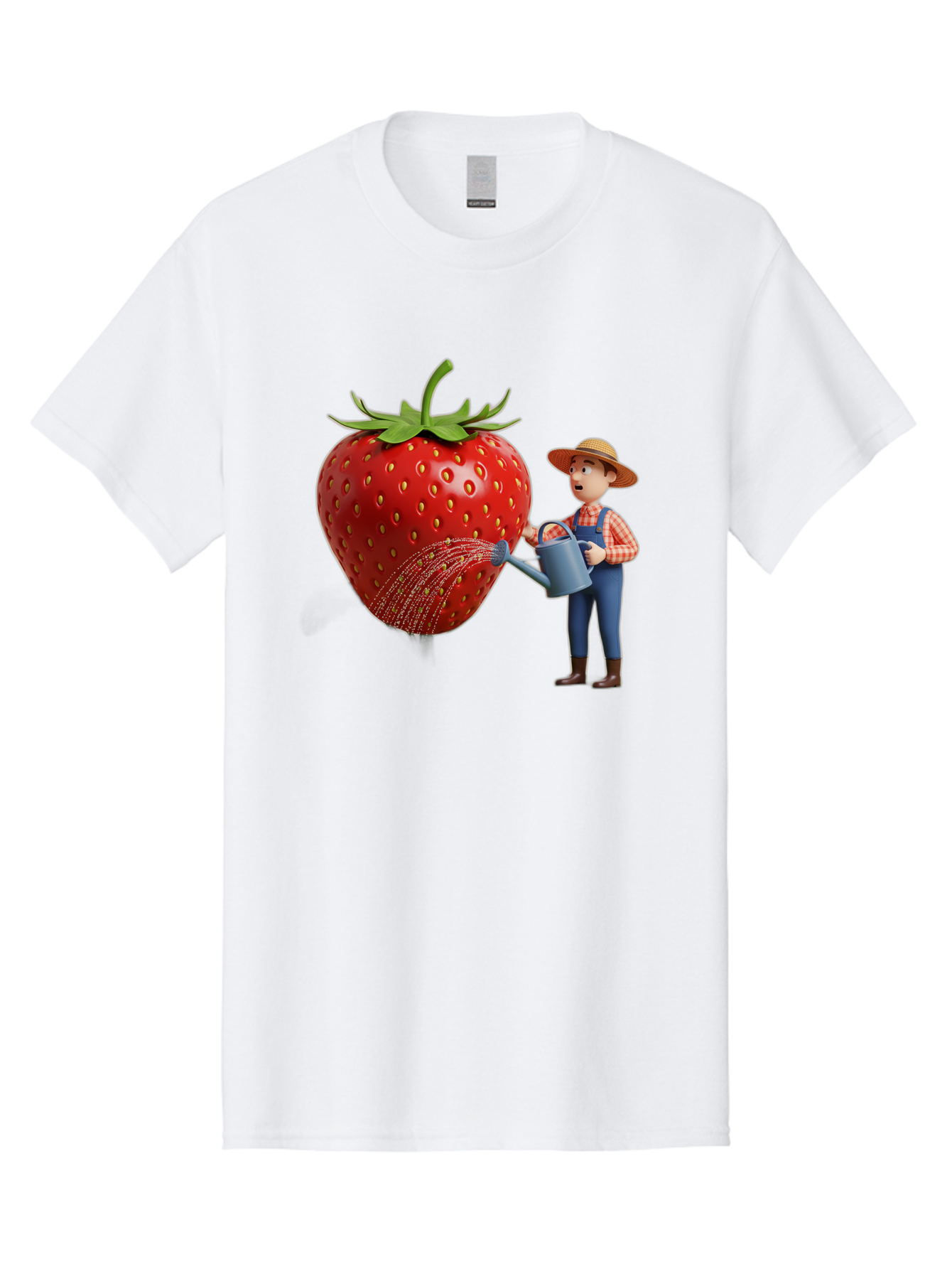 Farmer-Waters-Strawberry Men'S Graphic Tee, 100% Cotton, Comfortable Casual Summer Wear, Machine Washable, Cartoon Farmer Watering Giant Strawberry, Rural Life, Fruit Care, Gardening Scene, Farm Fresh Produce, Agricultural Theme, Baa660