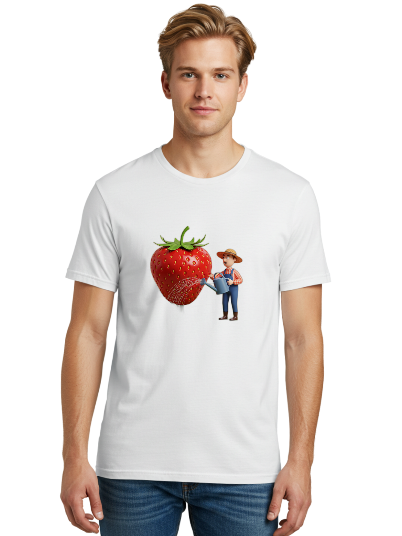 Farmer-Waters-Strawberry Men'S Graphic Tee, 100% Cotton, Comfortable Casual Summer Wear, Machine Washable, Cartoon Farmer Watering Giant Strawberry, Rural Life, Fruit Care, Gardening Scene, Farm Fresh Produce, Agricultural Theme, Baa660
