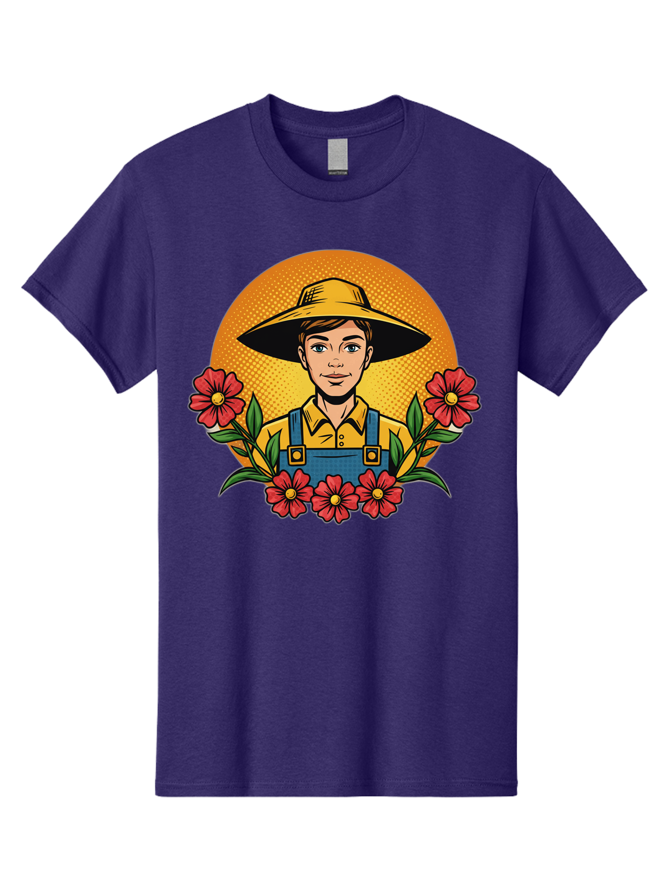 Farmer-With-Flowers Men'S Graphic Tee, 100% Cotton, Comfortable Casual Summer Wear, Machine Washable, Young Farmer, Gardening, Flowers, Floral Arrangement, Gardening Overall, Yellow Hat, Red Flowers, Gardening Illustration, Agricultural Theme, Baa661