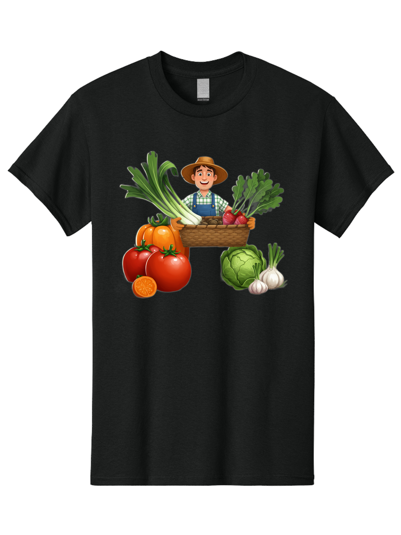Farmer-With-Harvest Men'S Graphic Tee, 100% Cotton, Comfortable Casual Summer Wear, Machine Washable, Happy Farmer, Fresh Produce, Harvest Basket, Organic Vegetables, Tomatoes, Cabbage, Garlic, Leeks, Beets, Farmer'S Market, Local Produce, Baa662