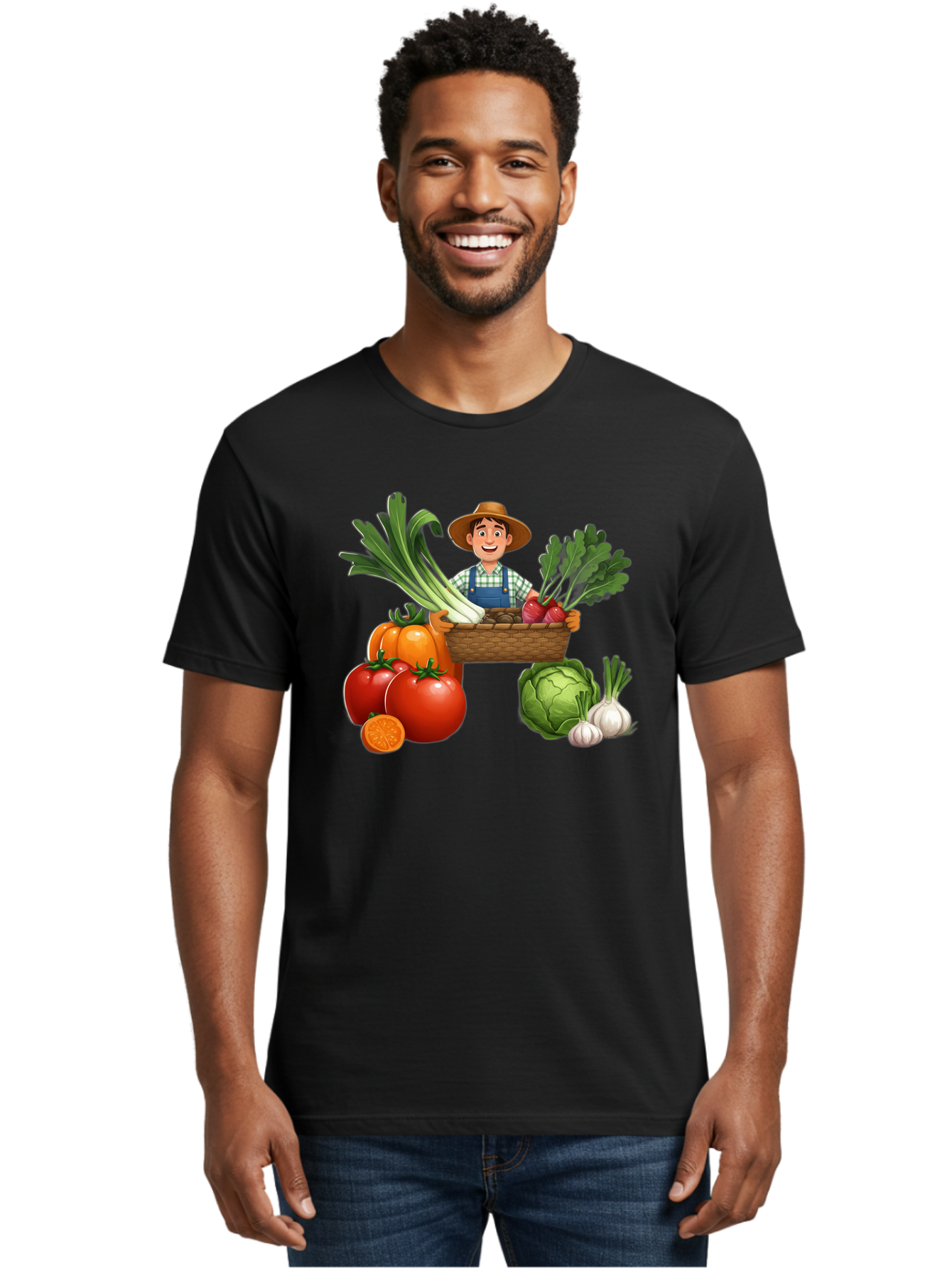 Farmer-With-Harvest Men'S Graphic Tee, 100% Cotton, Comfortable Casual Summer Wear, Machine Washable, Happy Farmer, Fresh Produce, Harvest Basket, Organic Vegetables, Tomatoes, Cabbage, Garlic, Leeks, Beets, Farmer'S Market, Local Produce, Baa662