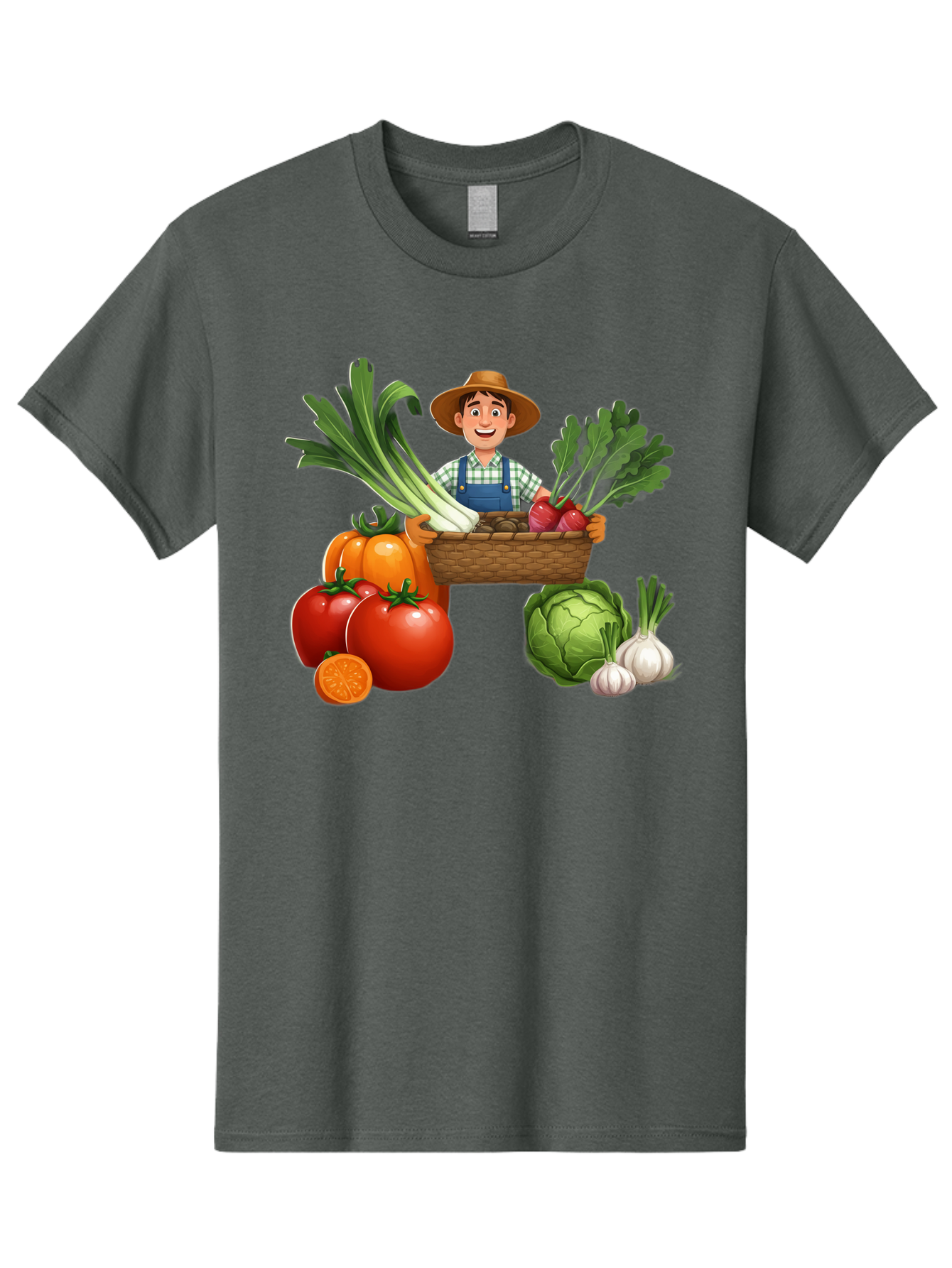 Farmer-With-Harvest Men'S Graphic Tee, 100% Cotton, Comfortable Casual Summer Wear, Machine Washable, Happy Farmer, Fresh Produce, Harvest Basket, Organic Vegetables, Tomatoes, Cabbage, Garlic, Leeks, Beets, Farmer'S Market, Local Produce, Baa662