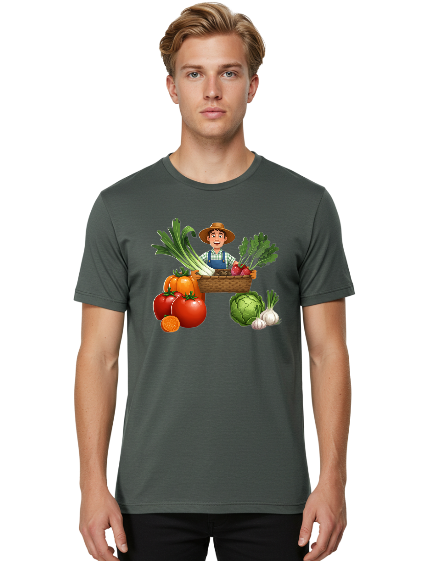 Farmer-With-Harvest Men'S Graphic Tee, 100% Cotton, Comfortable Casual Summer Wear, Machine Washable, Happy Farmer, Fresh Produce, Harvest Basket, Organic Vegetables, Tomatoes, Cabbage, Garlic, Leeks, Beets, Farmer'S Market, Local Produce, Baa662