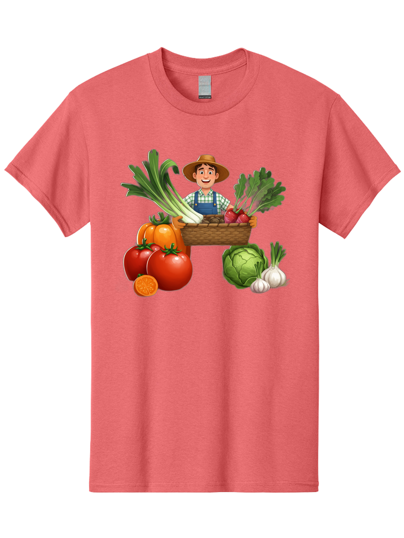 Farmer-With-Harvest Men'S Graphic Tee, 100% Cotton, Comfortable Casual Summer Wear, Machine Washable, Happy Farmer, Fresh Produce, Harvest Basket, Organic Vegetables, Tomatoes, Cabbage, Garlic, Leeks, Beets, Farmer'S Market, Local Produce, Baa662