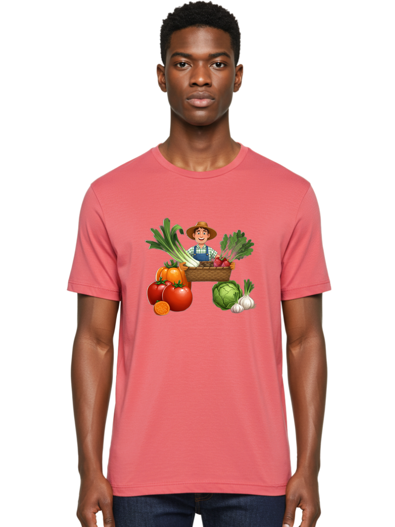 Farmer-With-Harvest Men'S Graphic Tee, 100% Cotton, Comfortable Casual Summer Wear, Machine Washable, Happy Farmer, Fresh Produce, Harvest Basket, Organic Vegetables, Tomatoes, Cabbage, Garlic, Leeks, Beets, Farmer'S Market, Local Produce, Baa662