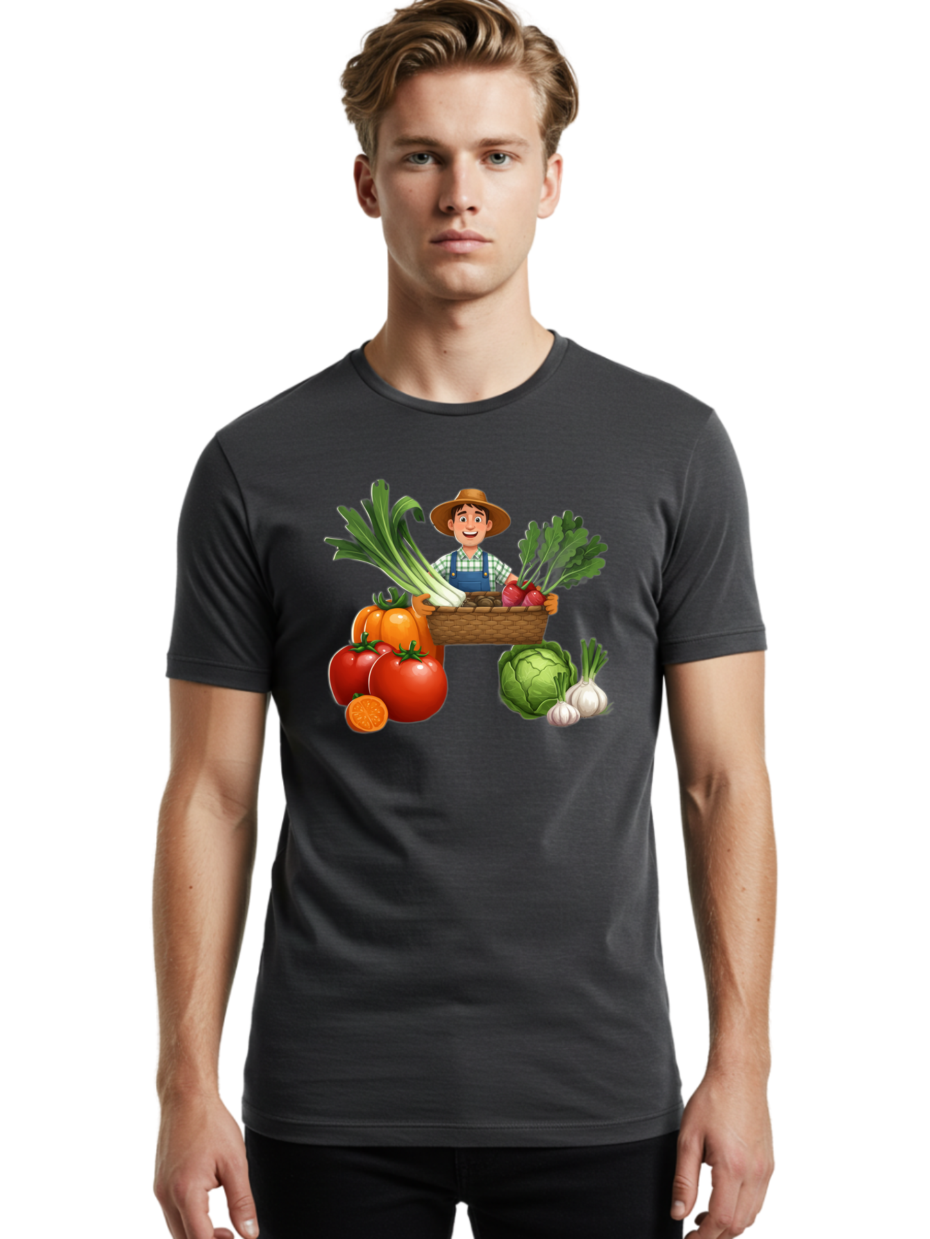 Farmer-With-Harvest Men'S Graphic Tee, 100% Cotton, Comfortable Casual Summer Wear, Machine Washable, Happy Farmer, Fresh Produce, Harvest Basket, Organic Vegetables, Tomatoes, Cabbage, Garlic, Leeks, Beets, Farmer'S Market, Local Produce, Baa662