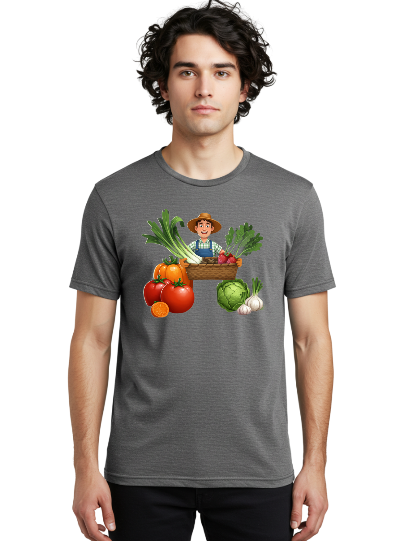 Farmer-With-Harvest Men'S Graphic Tee, 100% Cotton, Comfortable Casual Summer Wear, Machine Washable, Happy Farmer, Fresh Produce, Harvest Basket, Organic Vegetables, Tomatoes, Cabbage, Garlic, Leeks, Beets, Farmer'S Market, Local Produce, Baa662