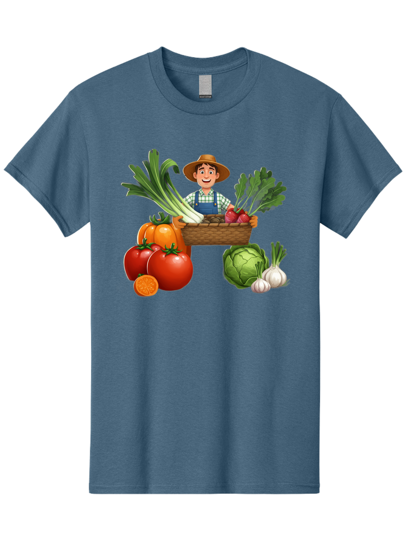 Farmer-With-Harvest Men'S Graphic Tee, 100% Cotton, Comfortable Casual Summer Wear, Machine Washable, Happy Farmer, Fresh Produce, Harvest Basket, Organic Vegetables, Tomatoes, Cabbage, Garlic, Leeks, Beets, Farmer'S Market, Local Produce, Baa662