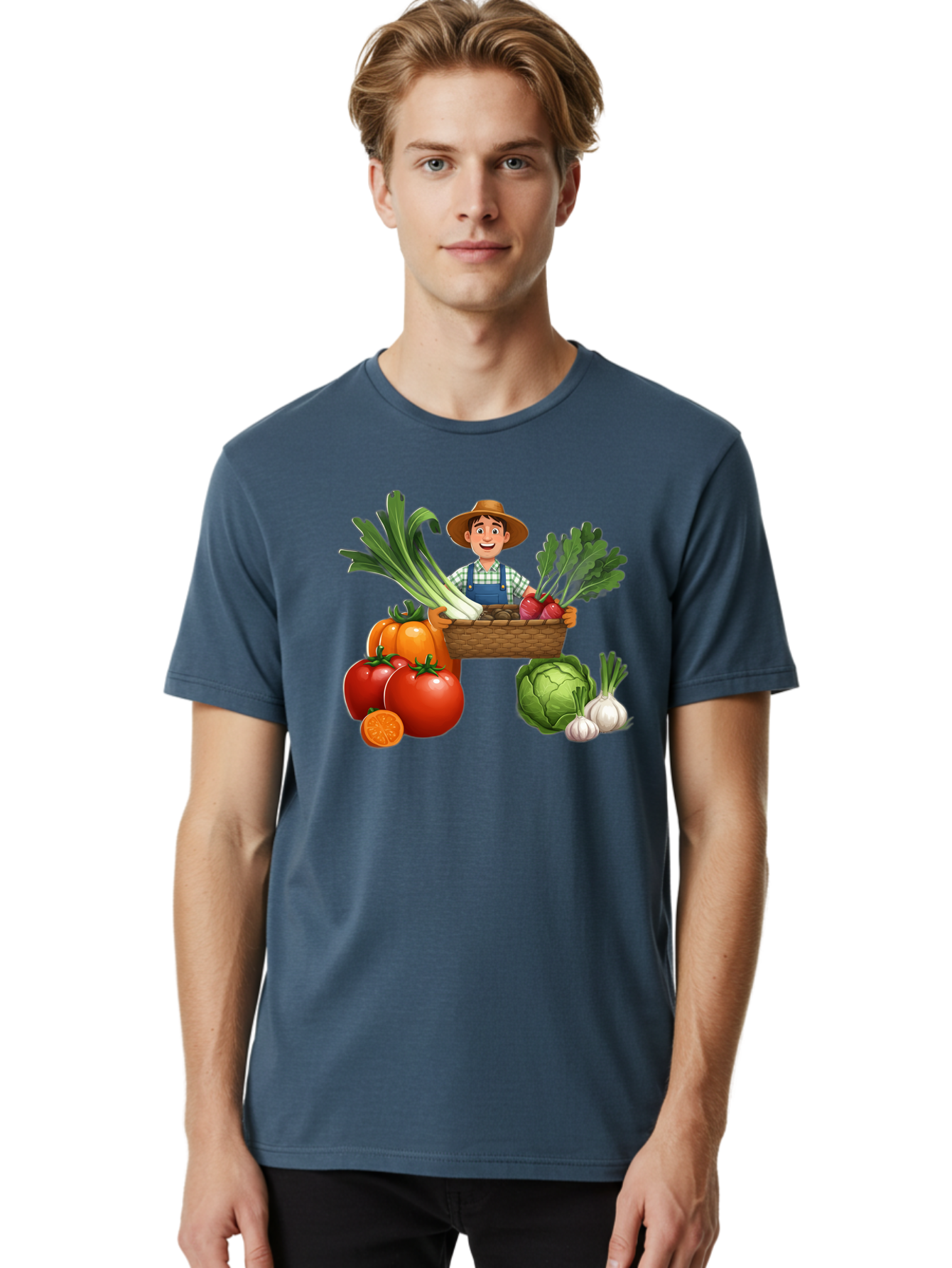 Farmer-With-Harvest Men'S Graphic Tee, 100% Cotton, Comfortable Casual Summer Wear, Machine Washable, Happy Farmer, Fresh Produce, Harvest Basket, Organic Vegetables, Tomatoes, Cabbage, Garlic, Leeks, Beets, Farmer'S Market, Local Produce, Baa662