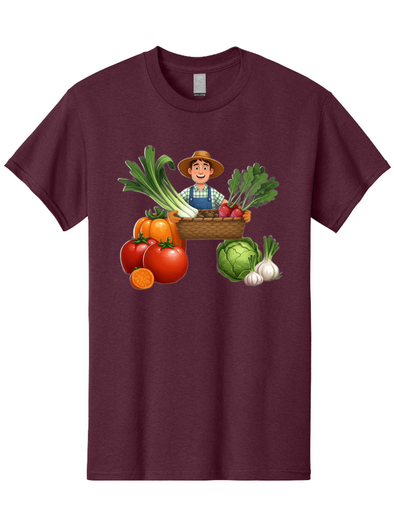 Farmer-With-Harvest Men'S Graphic Tee, 100% Cotton, Comfortable Casual Summer Wear, Machine Washable, Happy Farmer, Fresh Produce, Harvest Basket, Organic Vegetables, Tomatoes, Cabbage, Garlic, Leeks, Beets, Farmer'S Market, Local Produce, Baa662