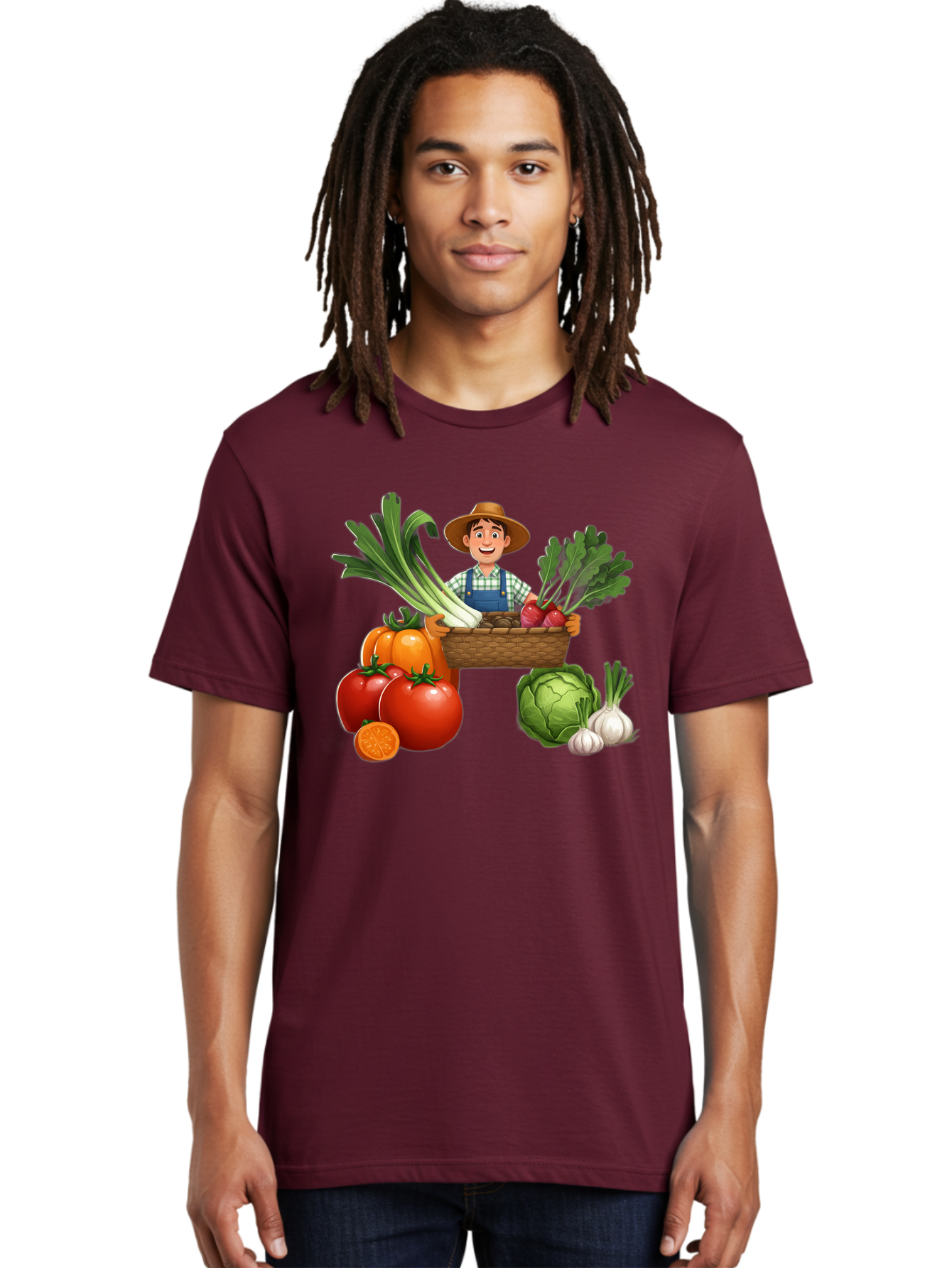 Farmer-With-Harvest Men'S Graphic Tee, 100% Cotton, Comfortable Casual Summer Wear, Machine Washable, Happy Farmer, Fresh Produce, Harvest Basket, Organic Vegetables, Tomatoes, Cabbage, Garlic, Leeks, Beets, Farmer'S Market, Local Produce, Baa662