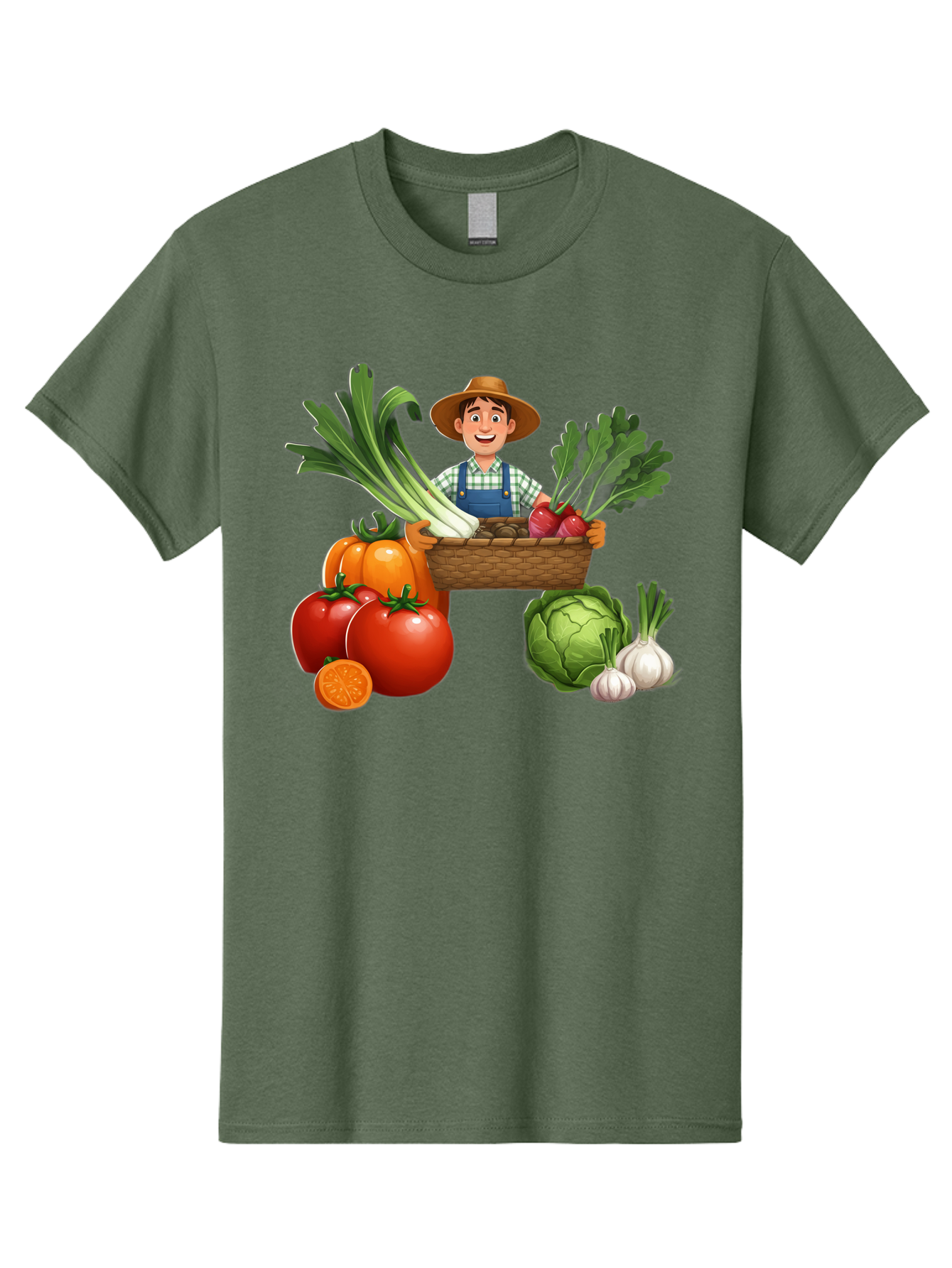 Farmer-With-Harvest Men'S Graphic Tee, 100% Cotton, Comfortable Casual Summer Wear, Machine Washable, Happy Farmer, Fresh Produce, Harvest Basket, Organic Vegetables, Tomatoes, Cabbage, Garlic, Leeks, Beets, Farmer'S Market, Local Produce, Baa662